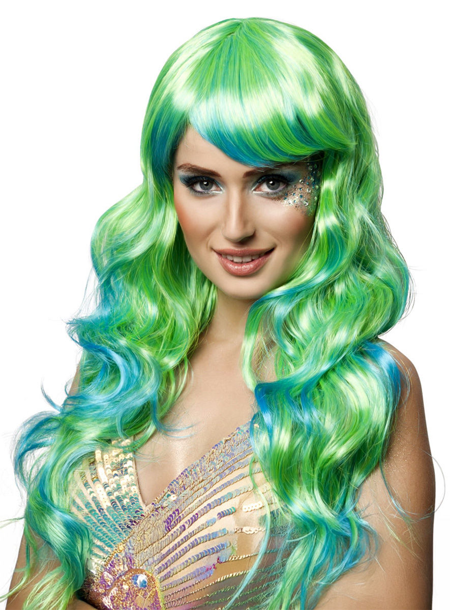 Ombre lange pruik groen-turquoise
