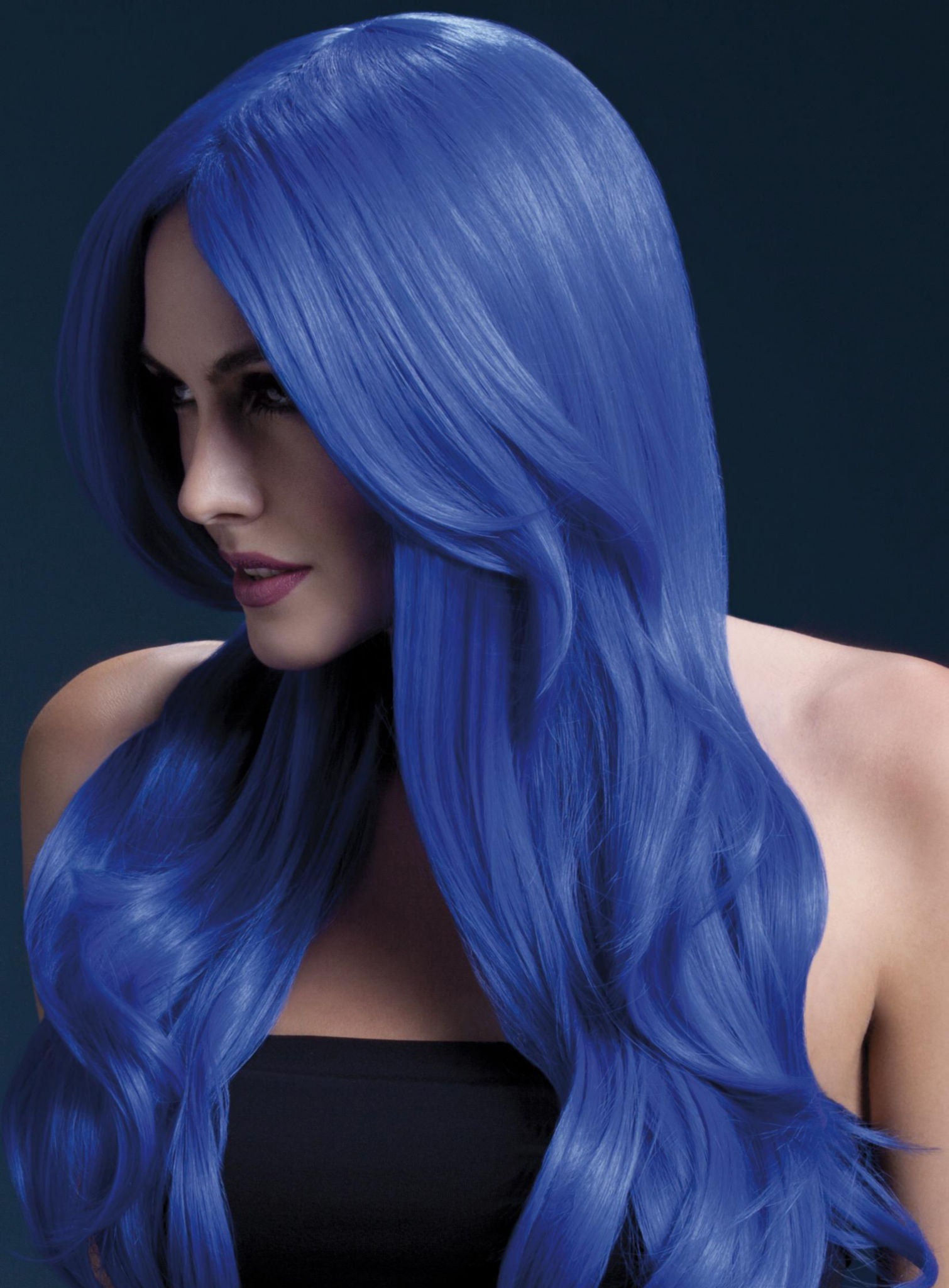 Beach Waves pruik neon-blauw, middenscheiding