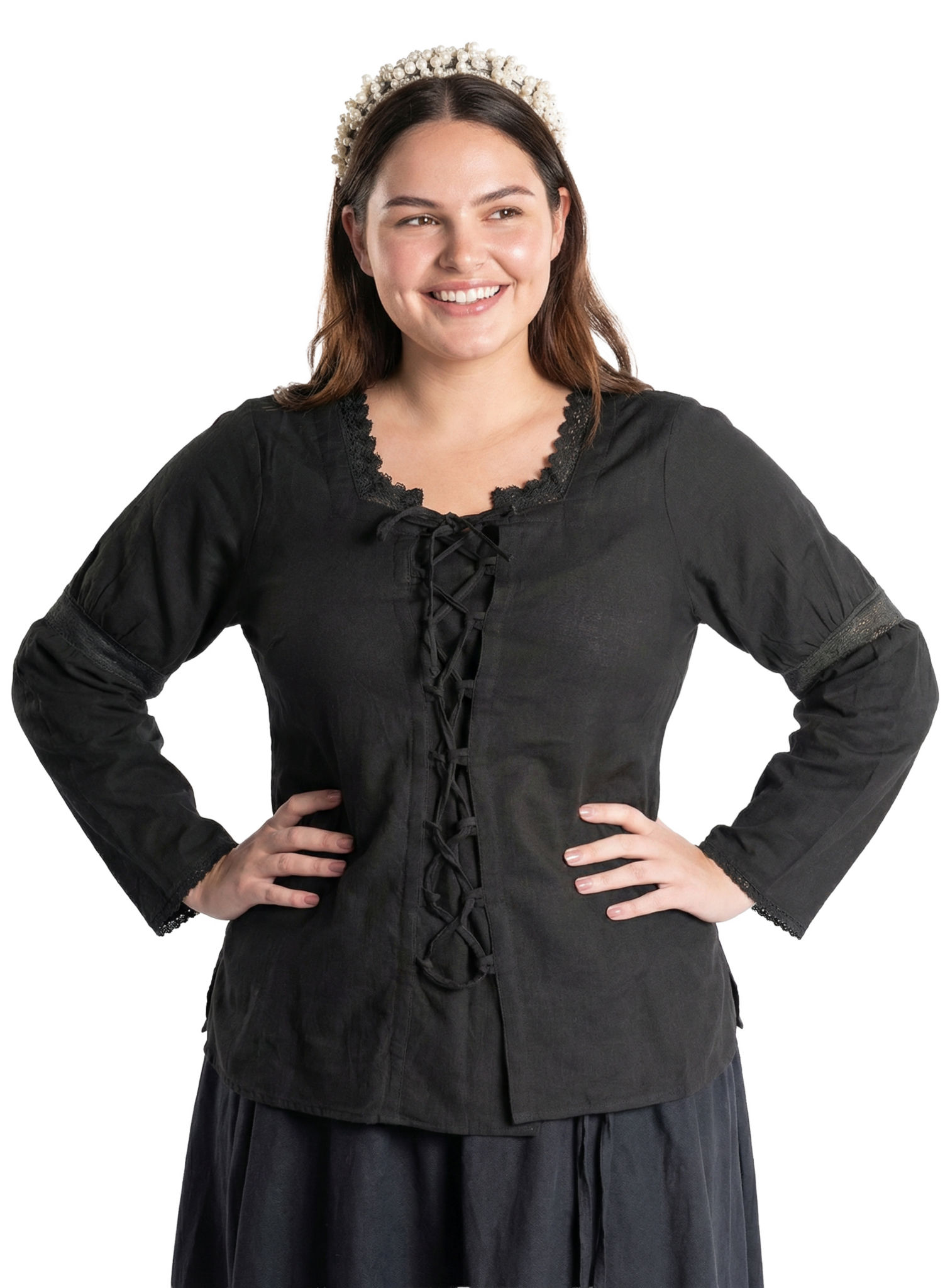 Mittelalter Schnürbluse mit Spitzenborte schwarz