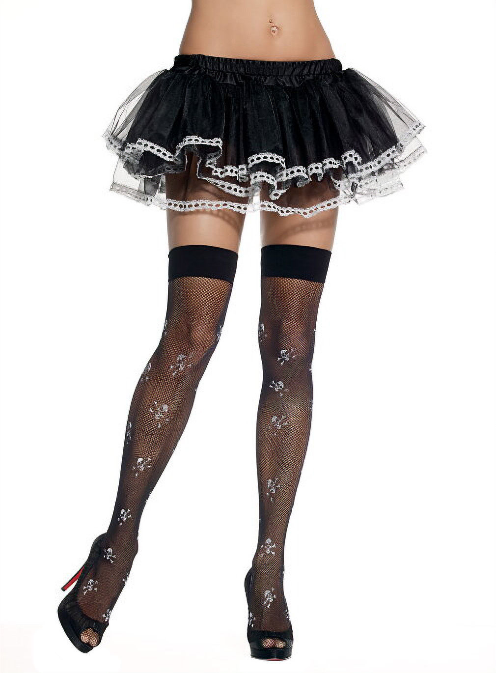 Fishnet Overknees mit Piratenschädel
