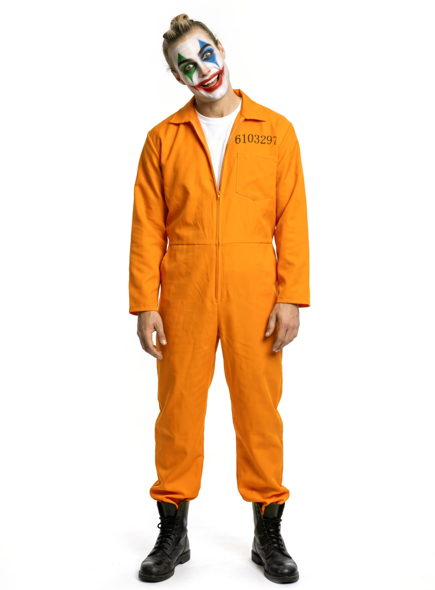 Irrer Halloween Clown Häftling Kostüm mit Make-up