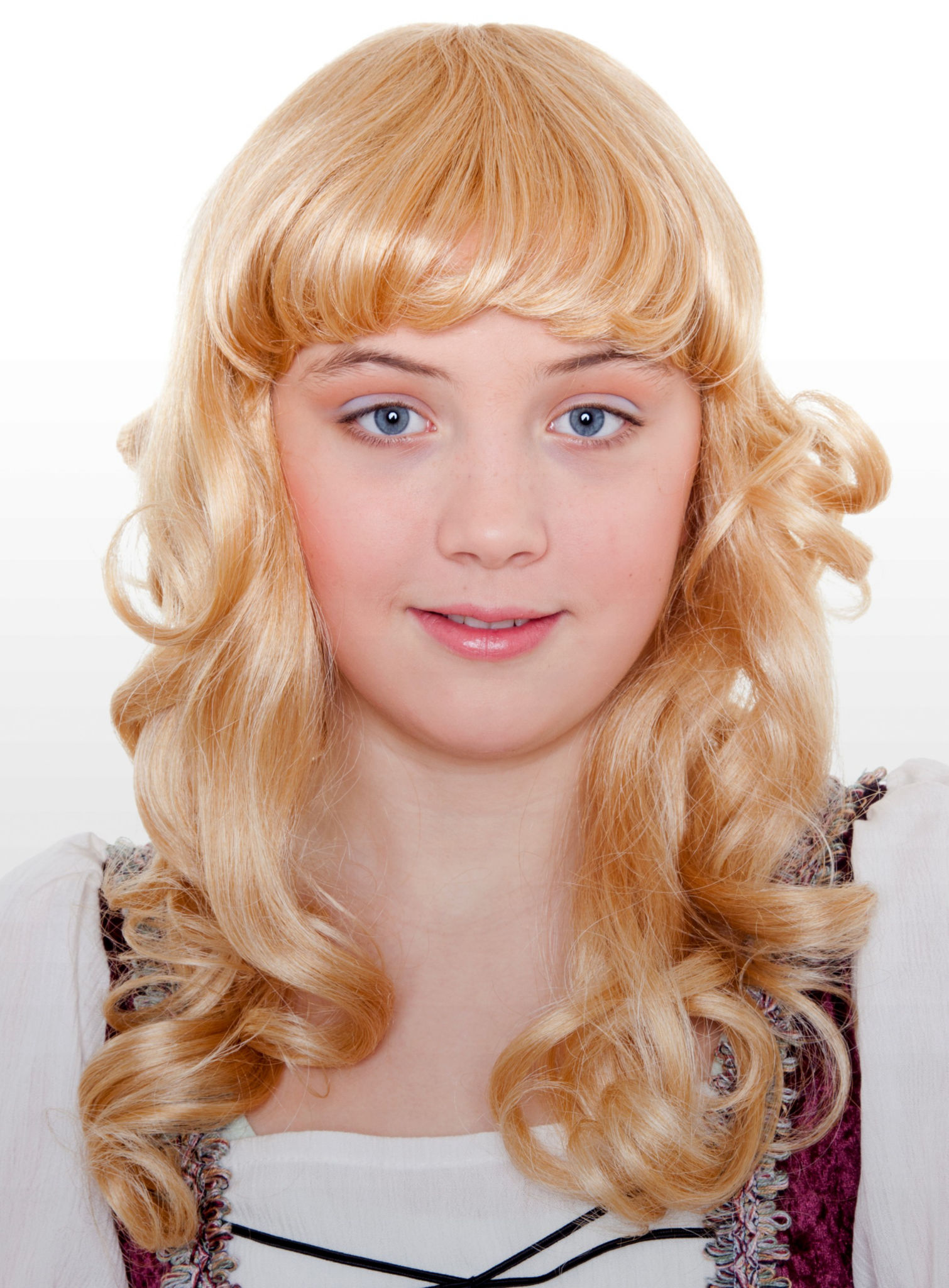 Langhaar Kinderperücke goldblond gelockt mit Pony