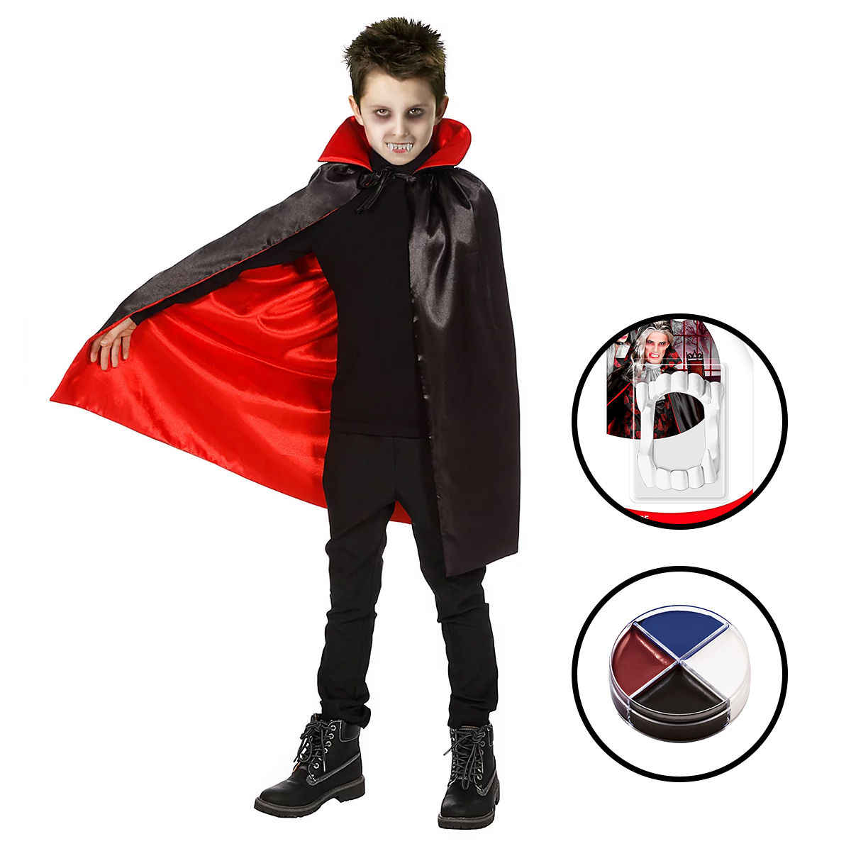 Vampirkostüm für Kinder 3-teilig mit Umhang, Vampirzähnen und Schminke