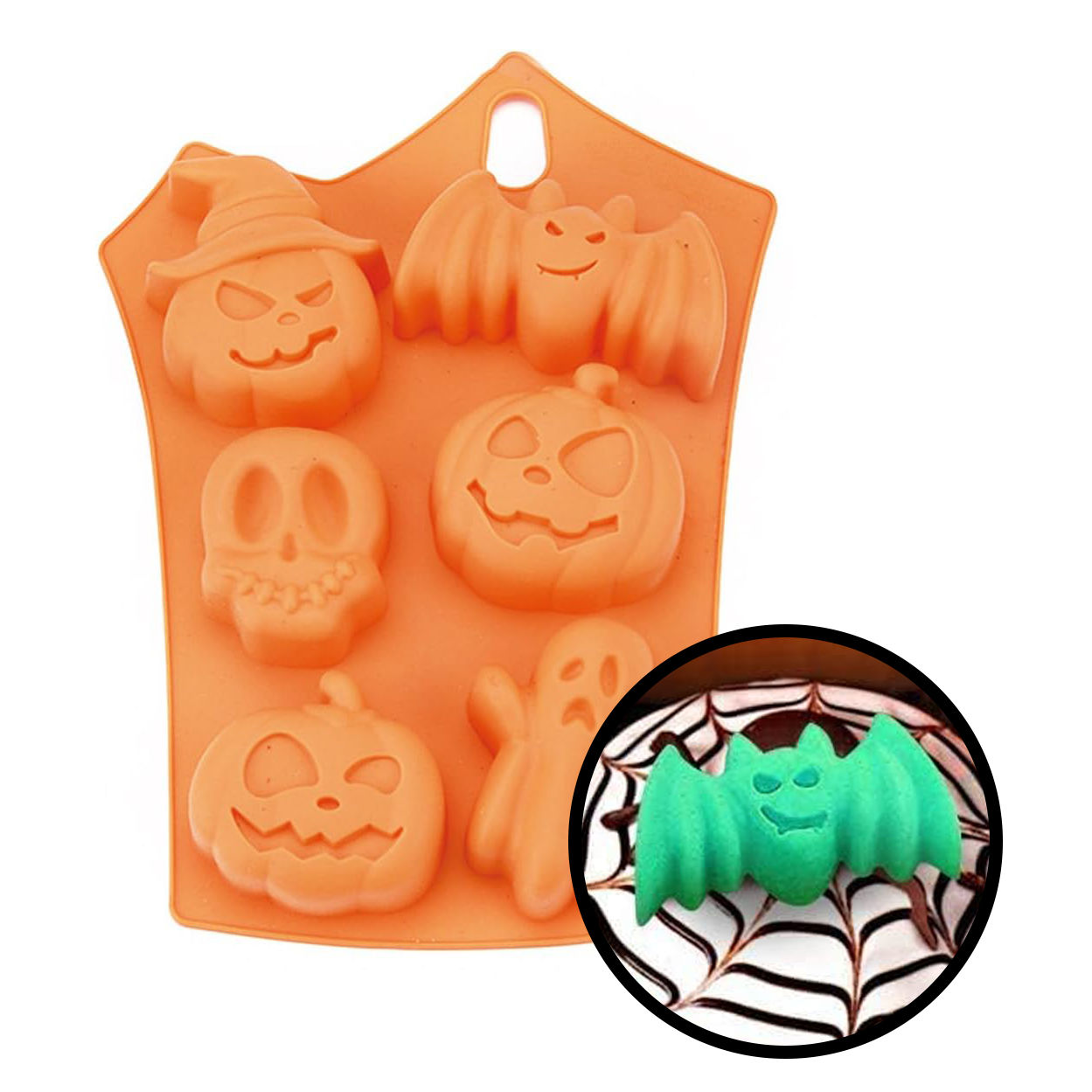Halloween Kürbisse und Gestalten Silikonform für Kekse, zum Backen und Eiswürfel 6-fach
