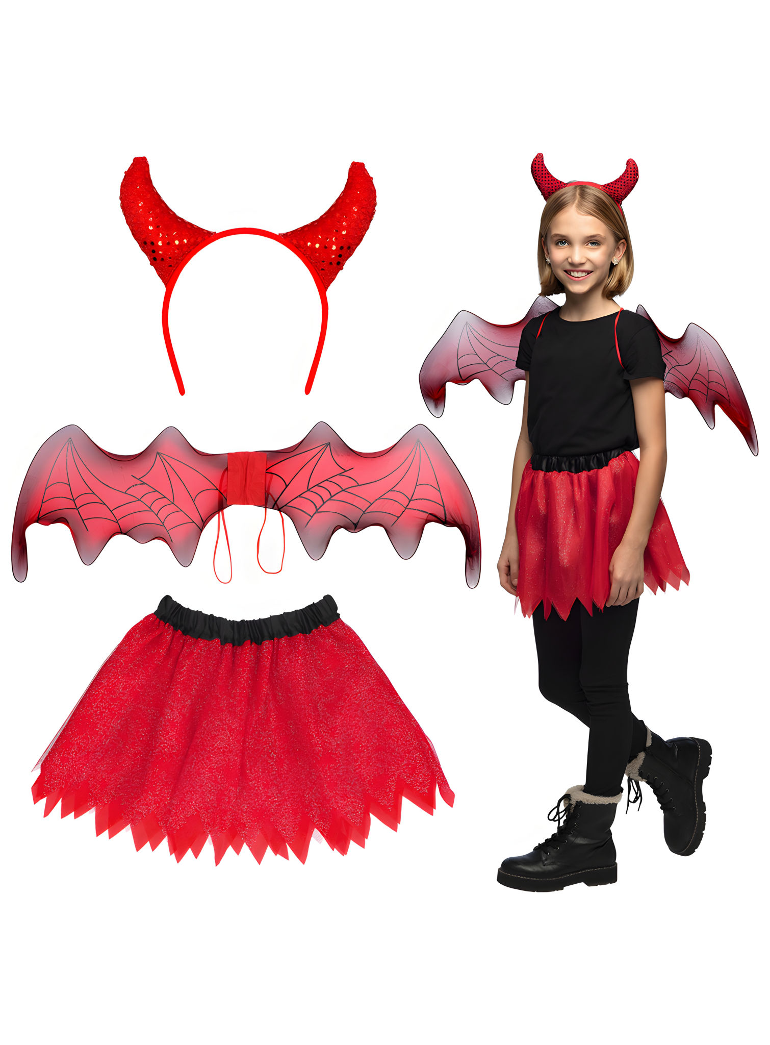 Teufel Verkleidungs Set für Mädchen Hörner, Flügel und Tutu