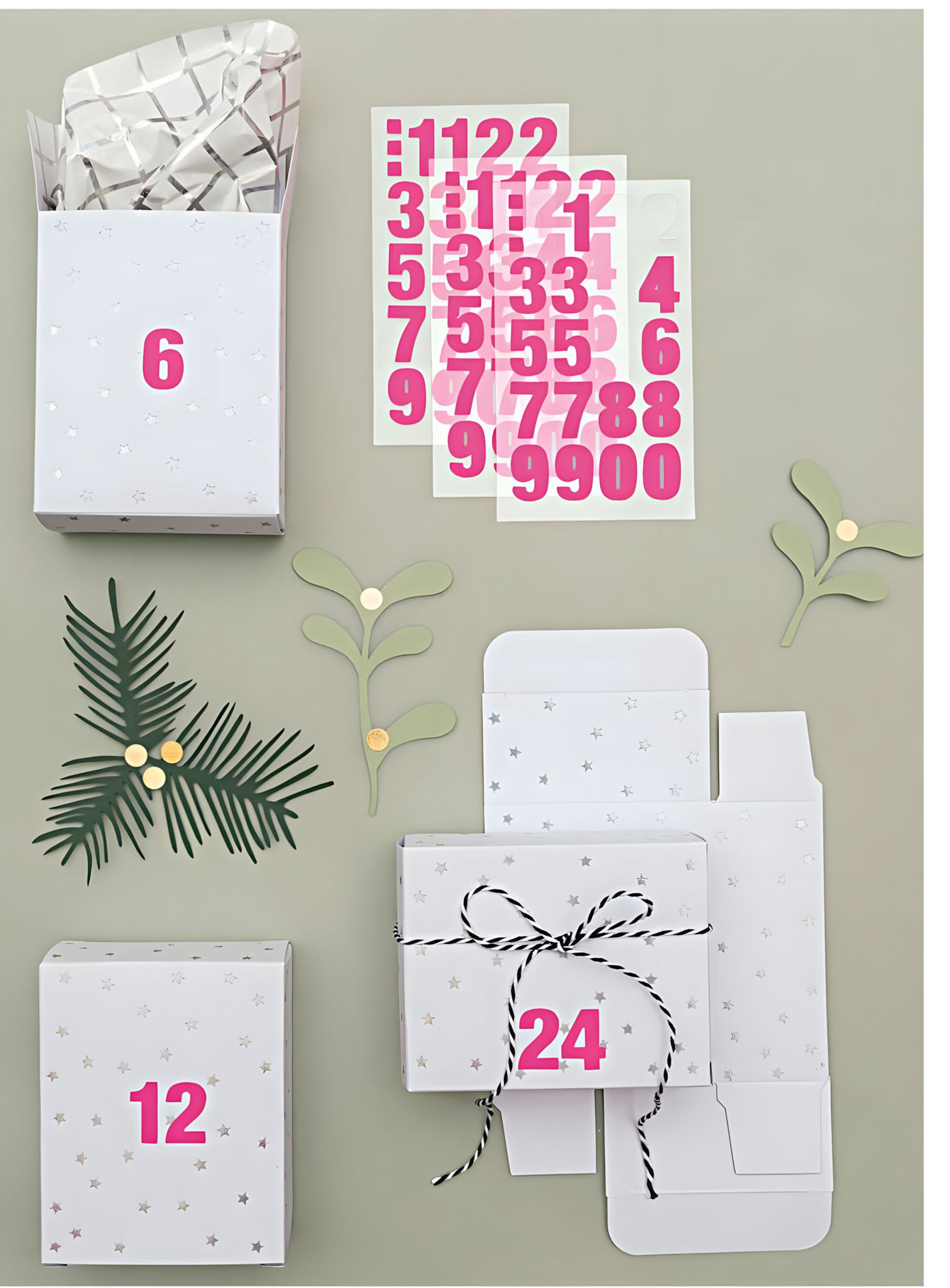24 adventskalenderdoosjes – zilveren sterren