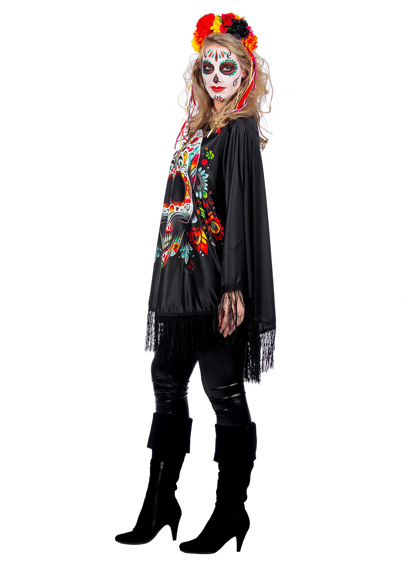 Dia de los Muertos Poncho mit Flower-Skull