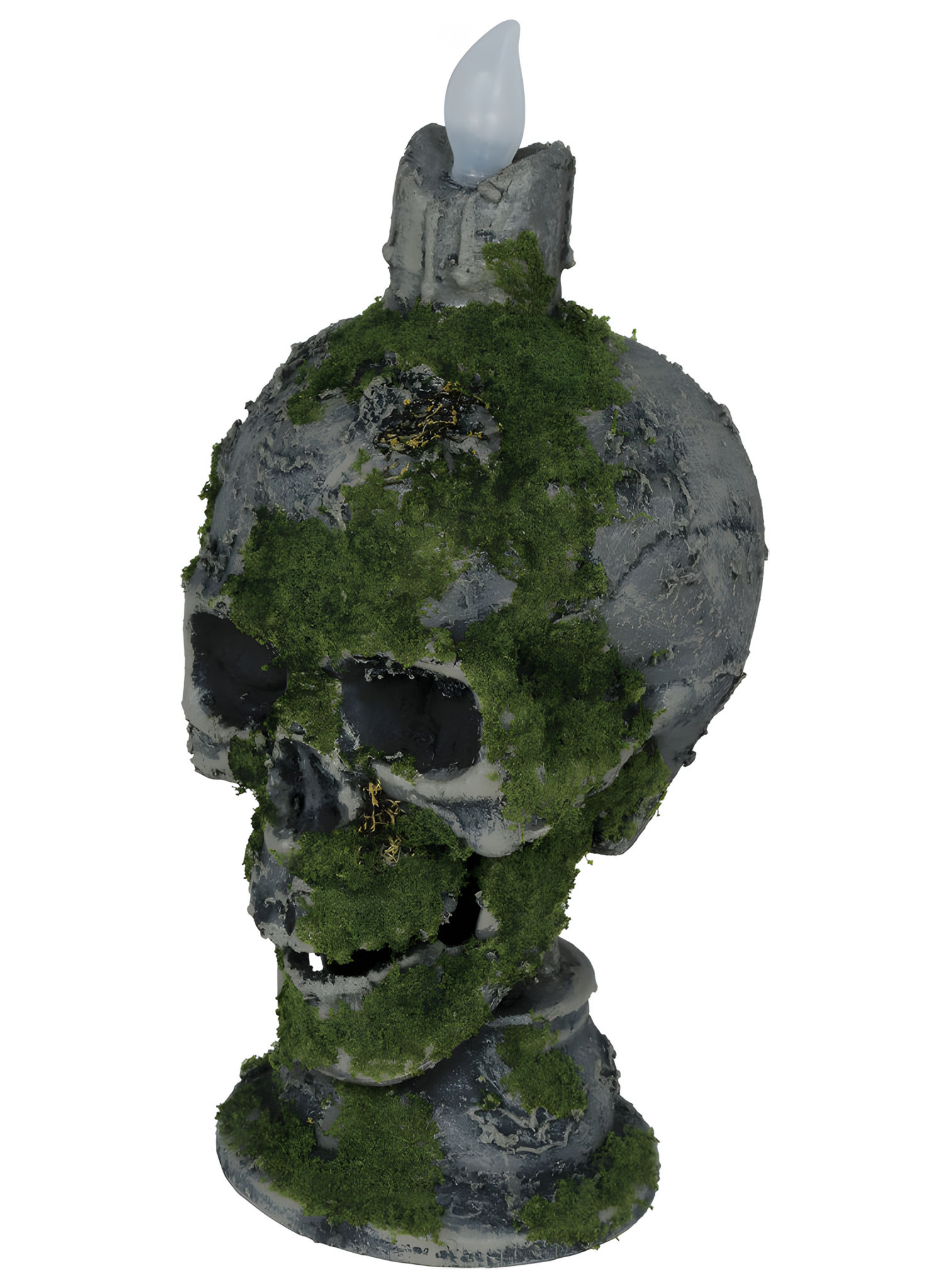 Moosbedeckter Totenkopf Kerzenständer mit Licht – 35 cm