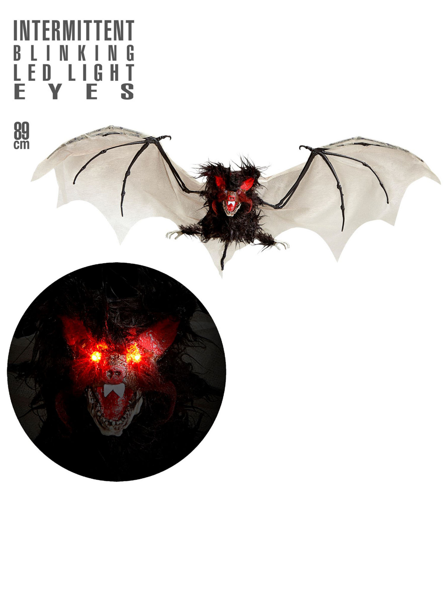 Harige vleermuis met knipperende LED-ogen – Halloween-decoratie 89 cm