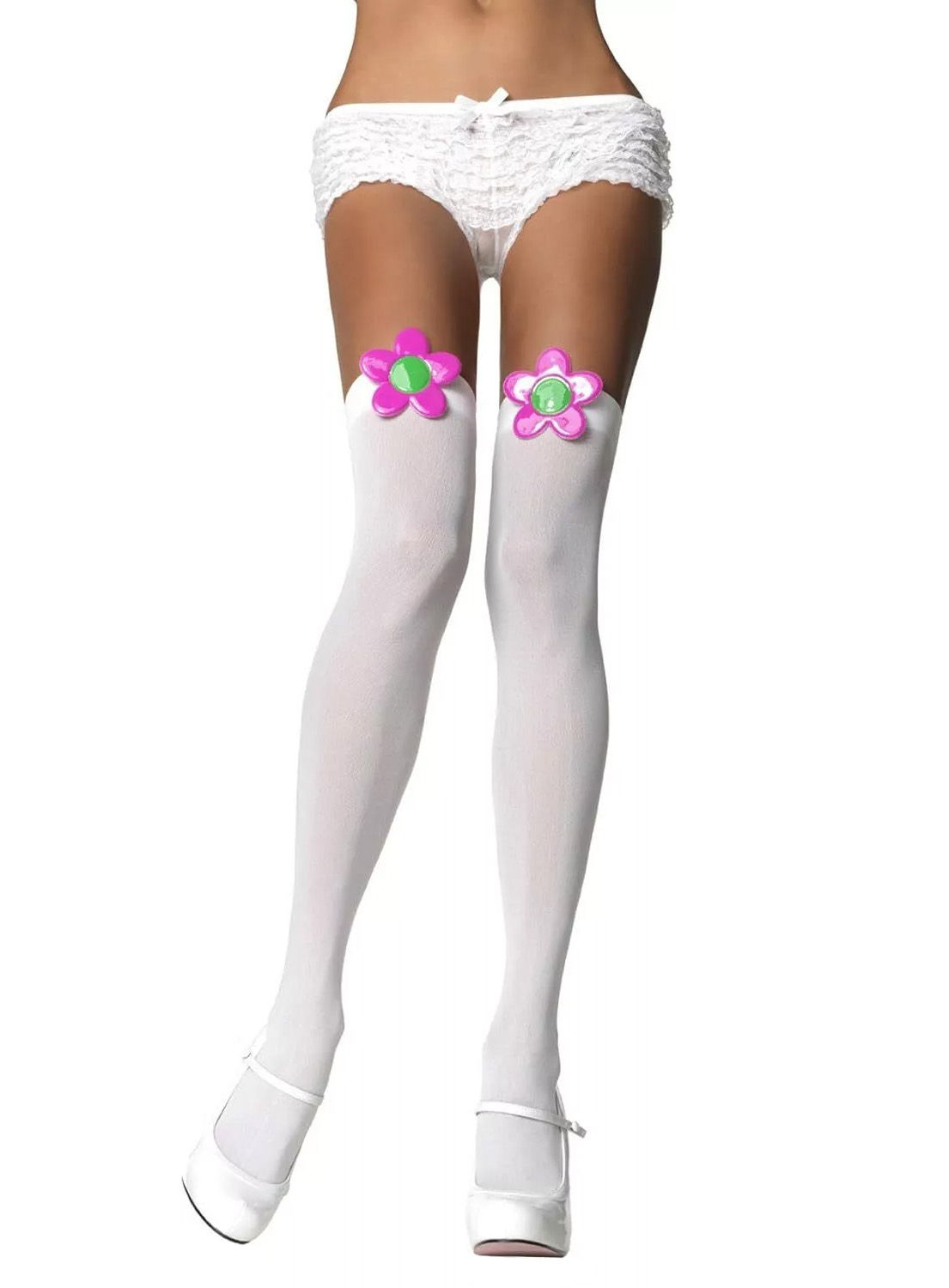 Weiße Overknees mit 70er Jahre Blüten