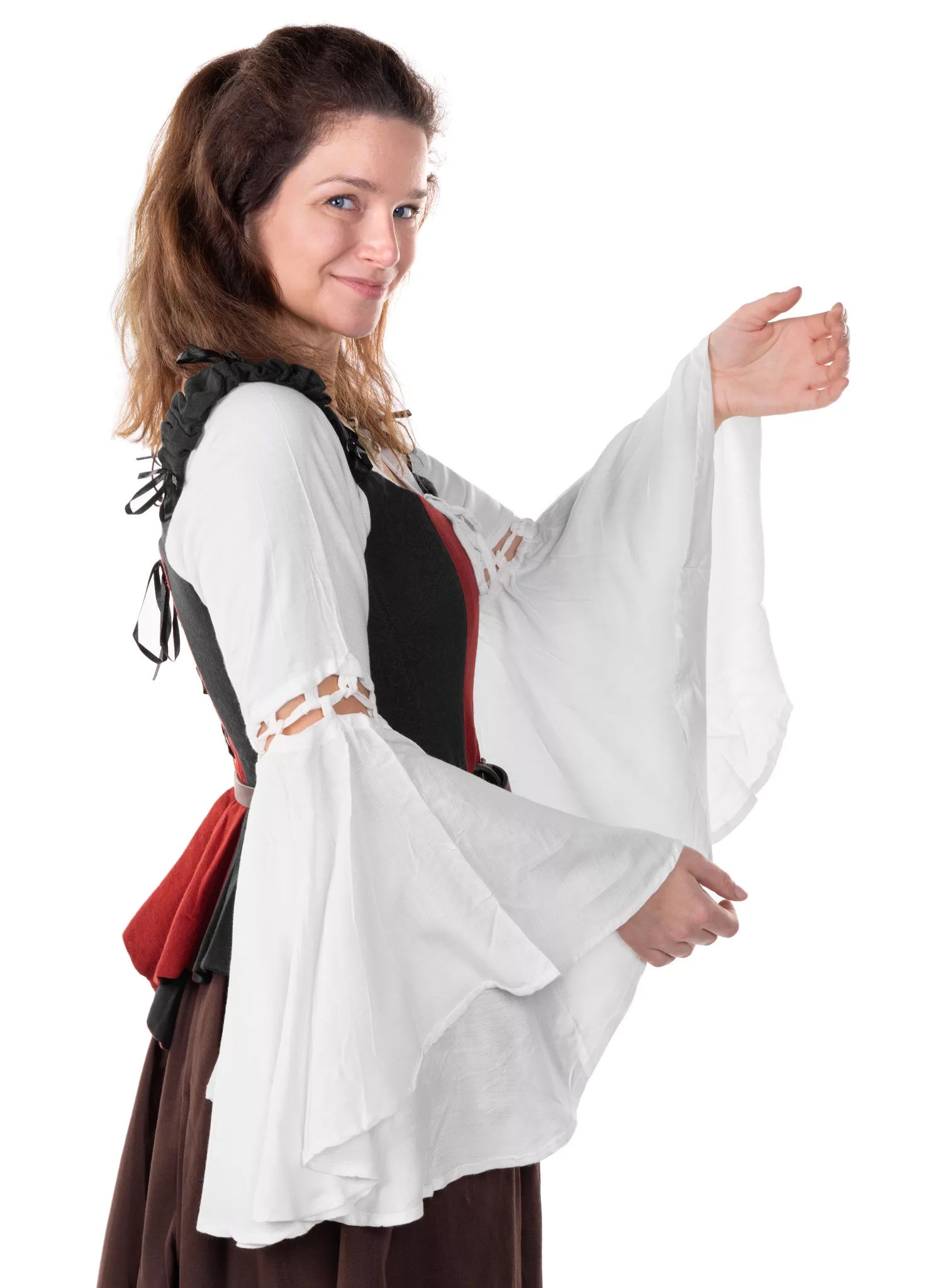 Tiefgeschnittene Mittelalterbluse mit Trompetenärmeln weiß