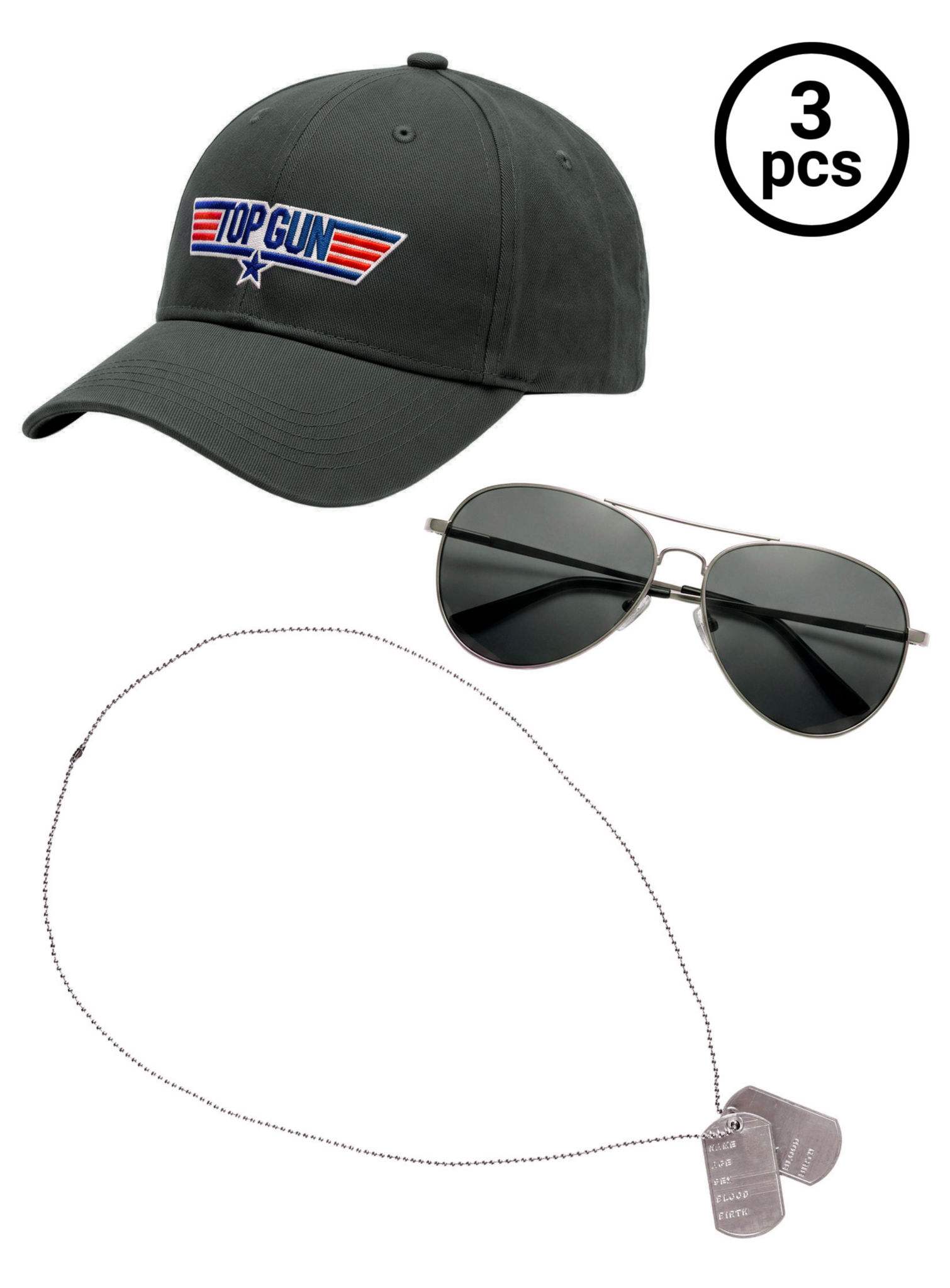Top Gun Accessoire-Set mit Mütze, Fliegerbrille & Dog Tag