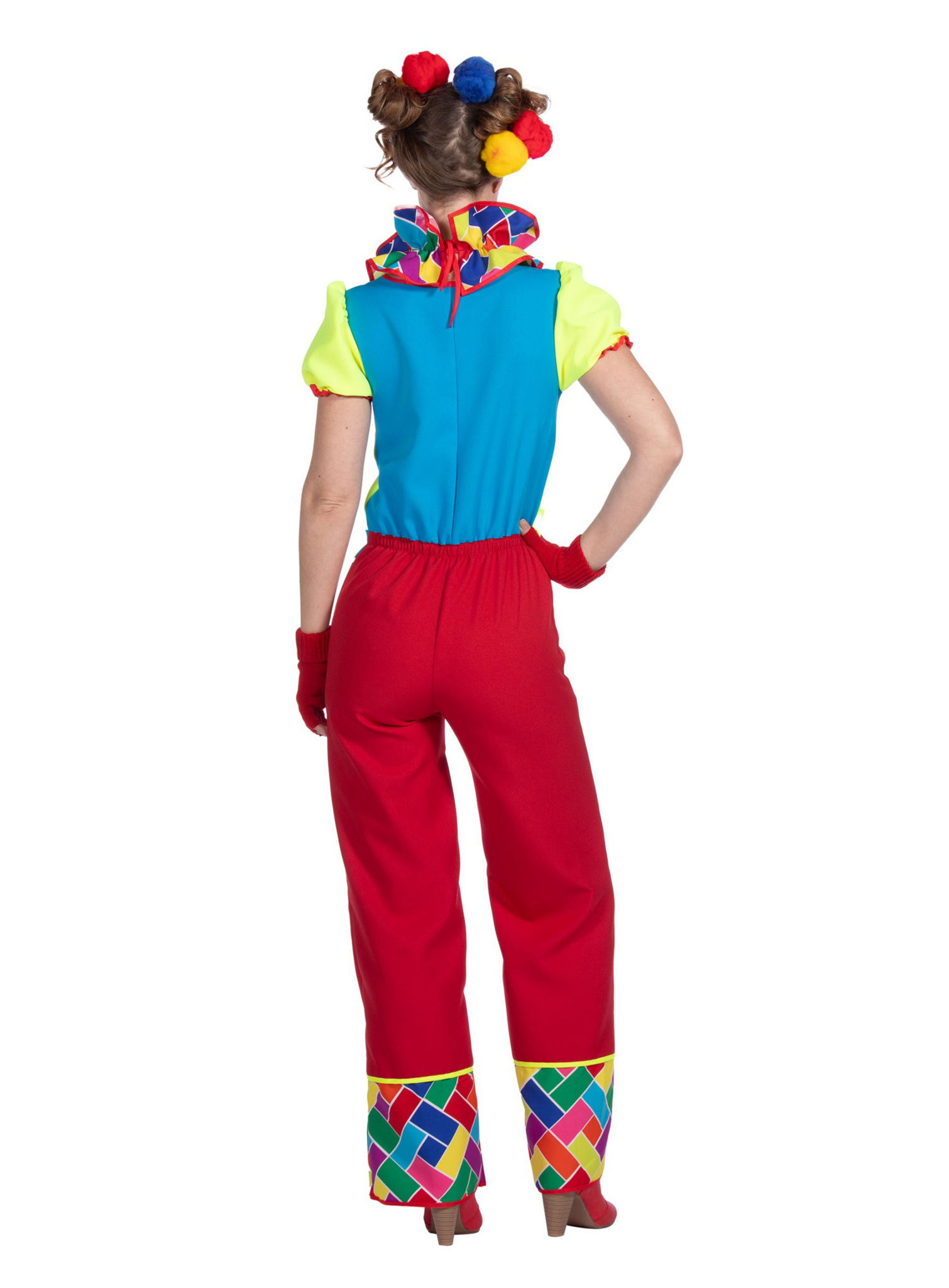 Knalkleurig clown kostuum voor dames
