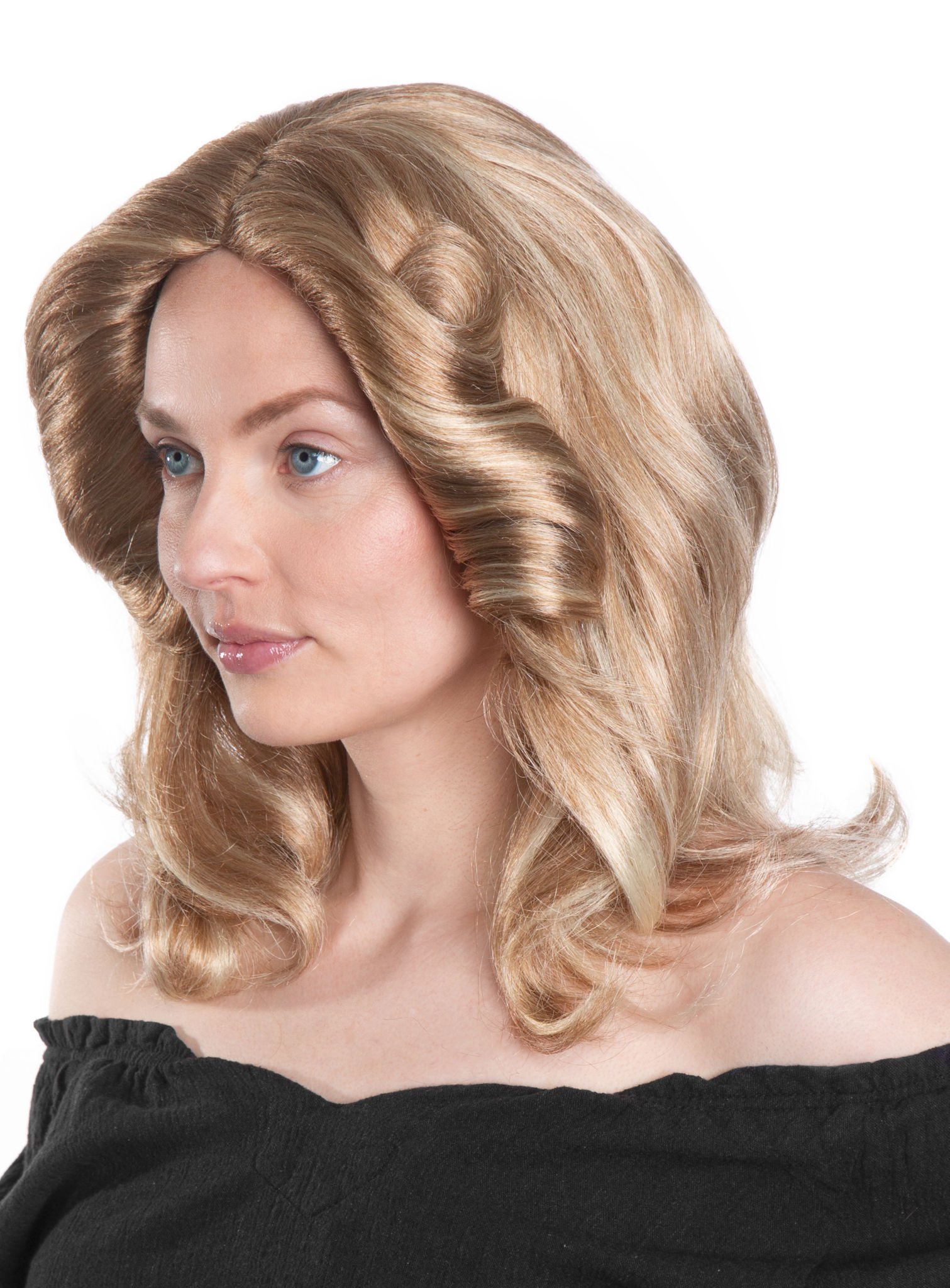 Blonde Perücke mit seitlichen Föhnwellen