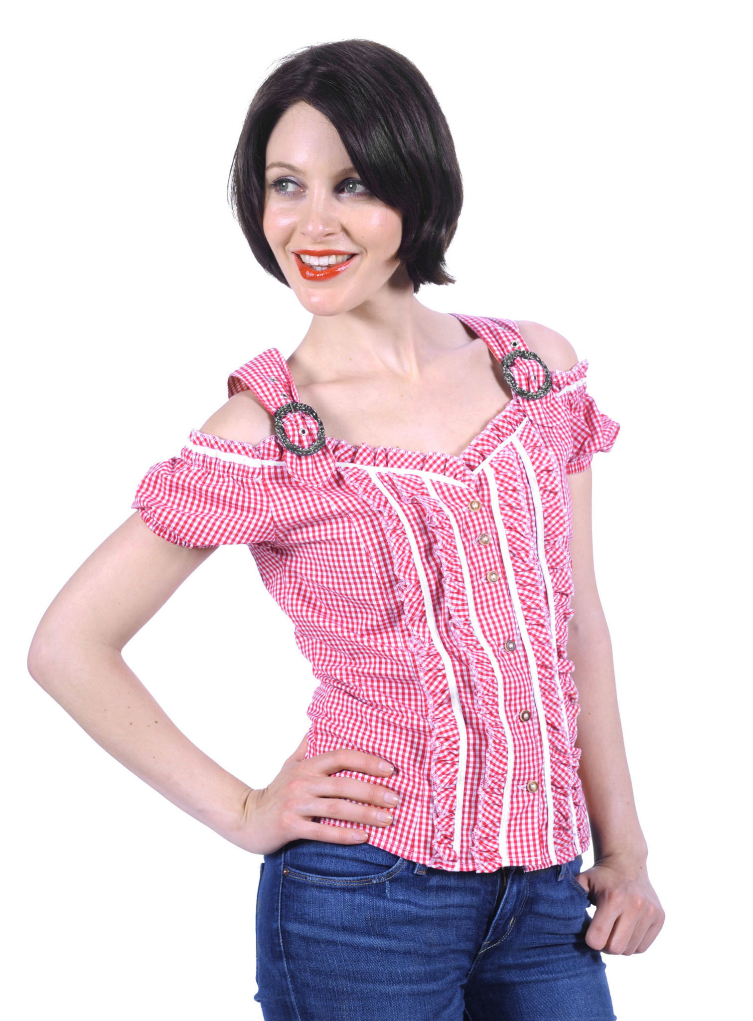 Schulterfreie Damenbluse Bayern pink-weiß
