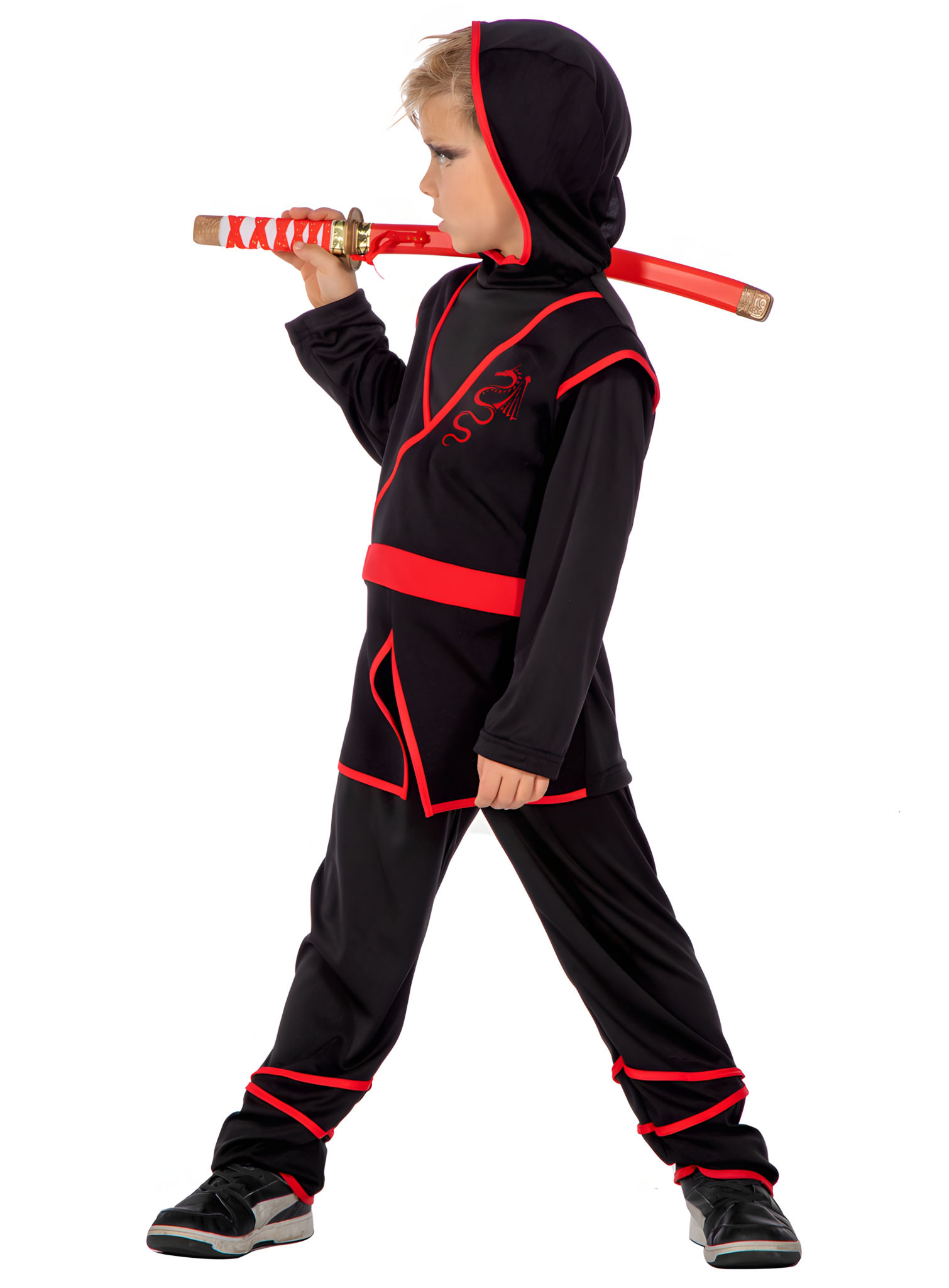 Schwarz-rotes Ninja Jungenkostüm