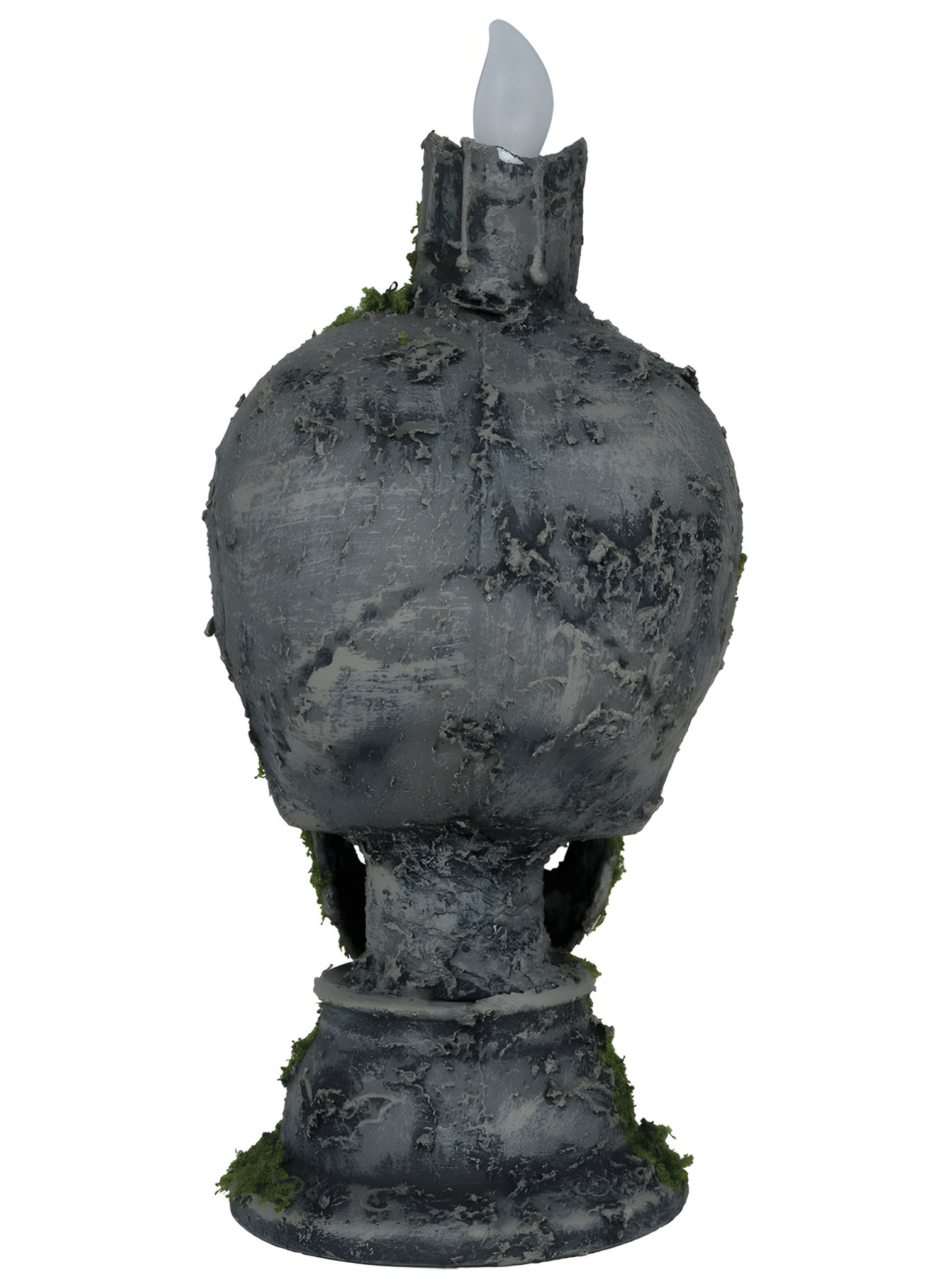Moosbedeckter Totenkopf Kerzenständer mit Licht – 35 cm