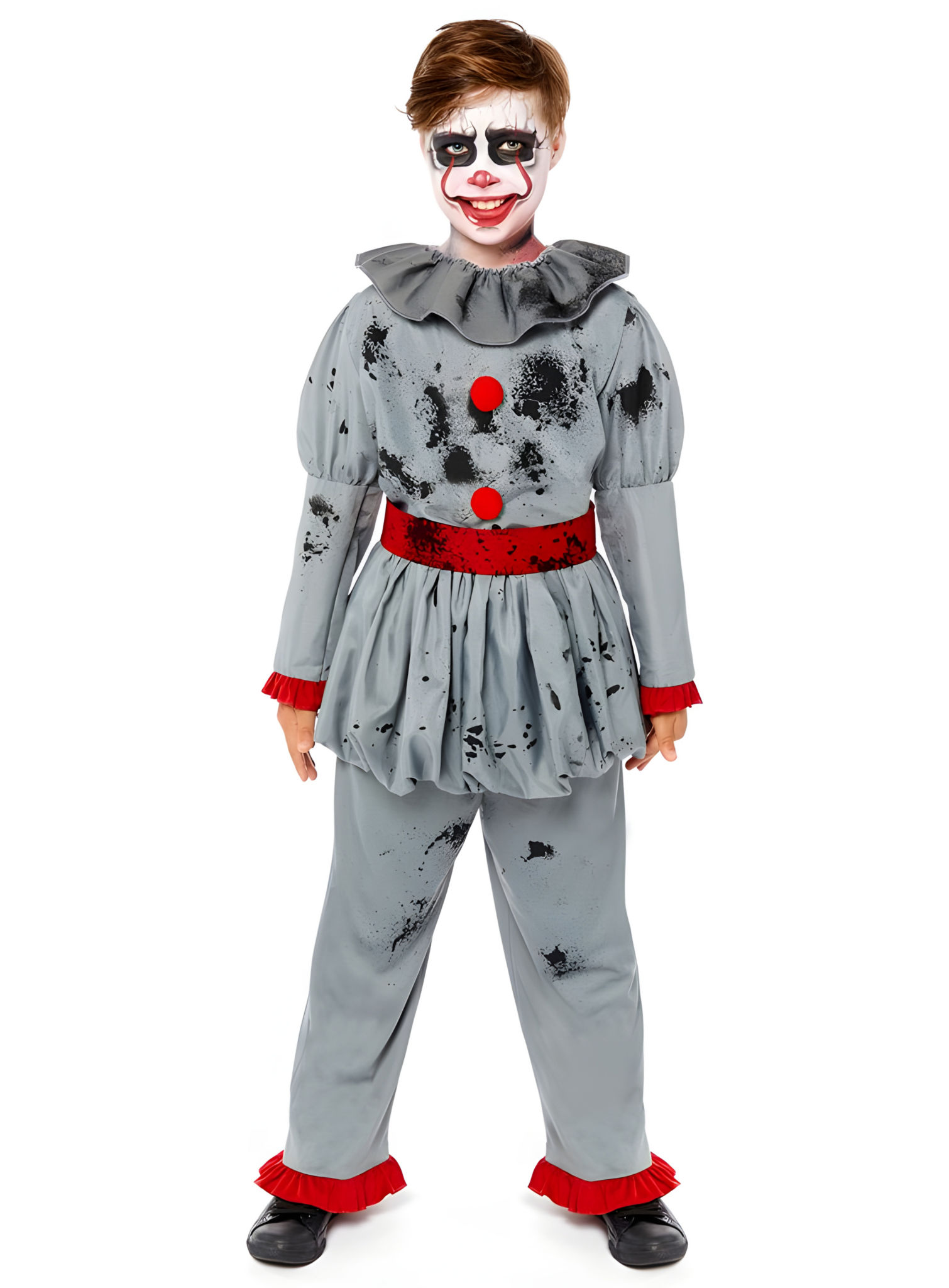 Grauer Halloween Horrorclown Kostüm für Kinder