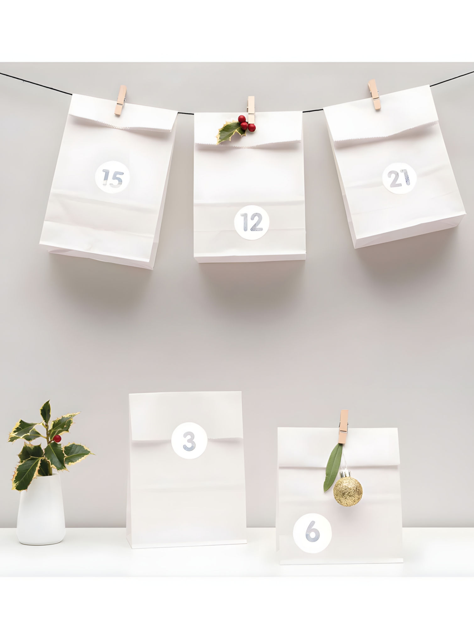 Adventskalenderset met zakjes, klemmen en stickers