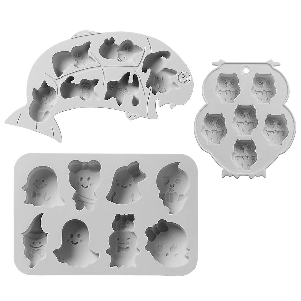 Halloween Silikonformen Set Geister, Katzen, Eulen zum Backen und für Pralinen und Eiswürfel 3er Set