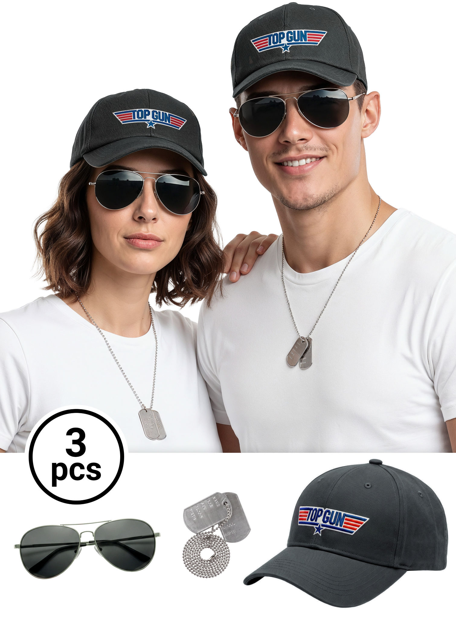 Top Gun Accessoire-Set mit Mütze, Fliegerbrille & Dog Tag
