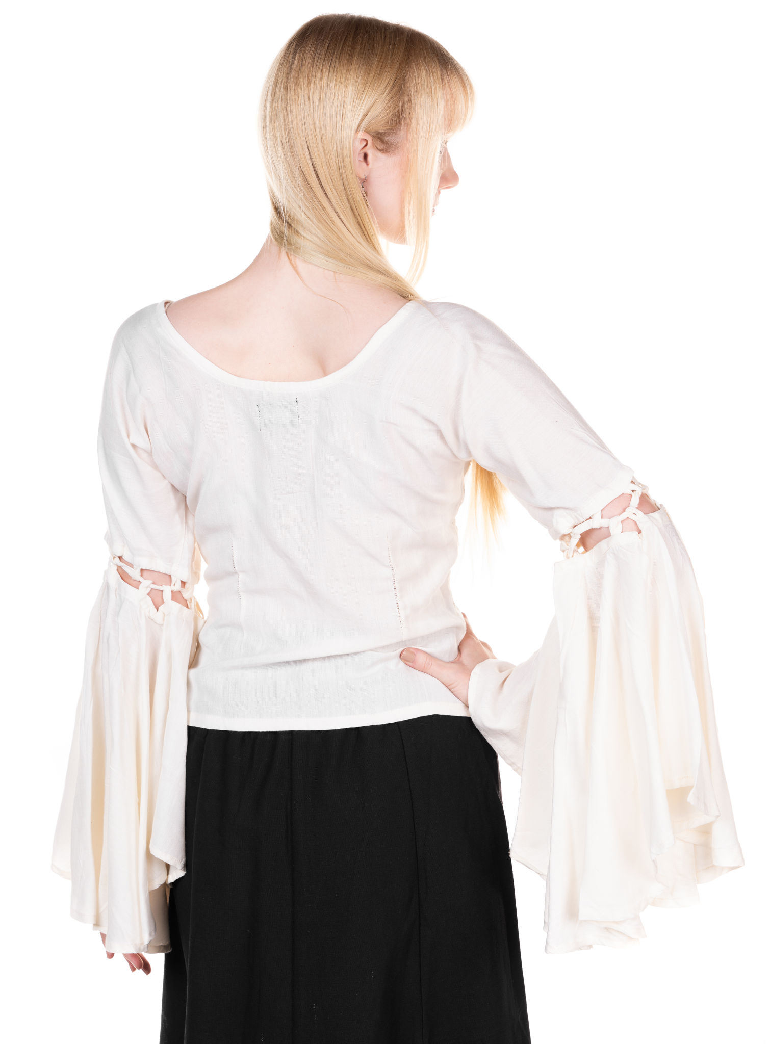 Tiefgeschnittene Mittelalterbluse mit Trompetenärmeln weiß
