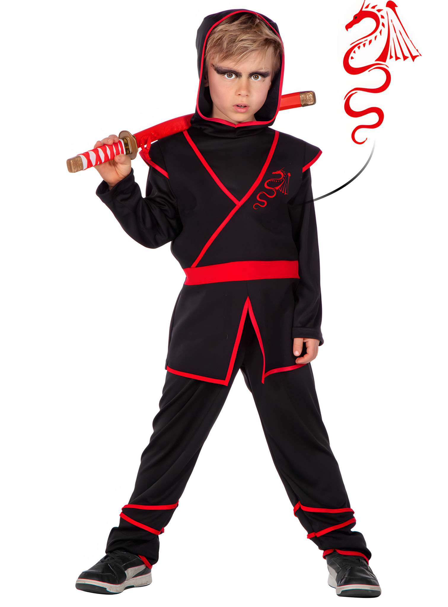 Schwarz-rotes Ninja Jungenkostüm