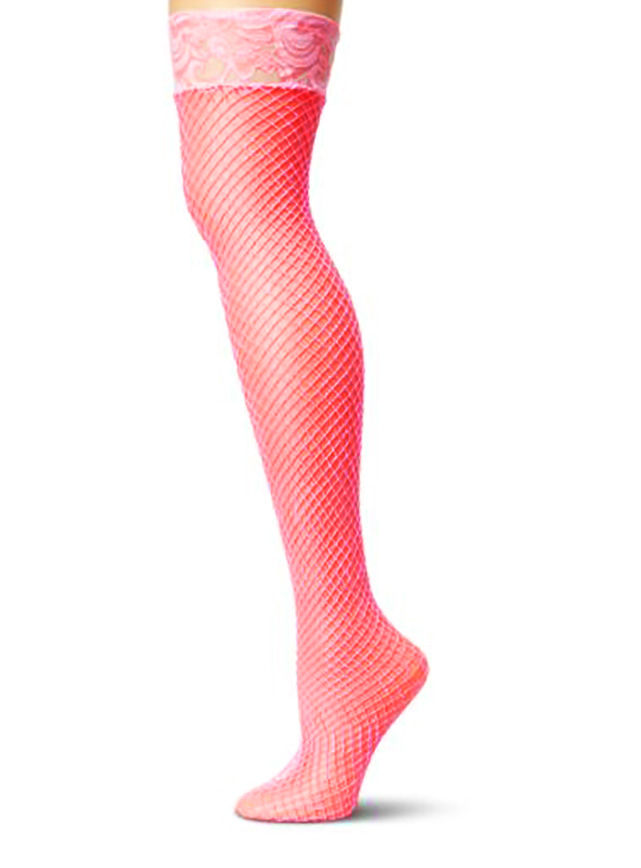Halterlose Netzstrümpfe mit Bordüre neonpink