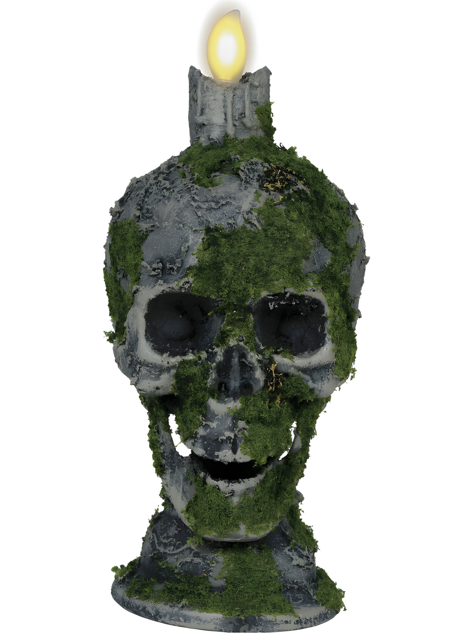 Moosbedeckter Totenkopf Kerzenständer mit Licht – 35 cm