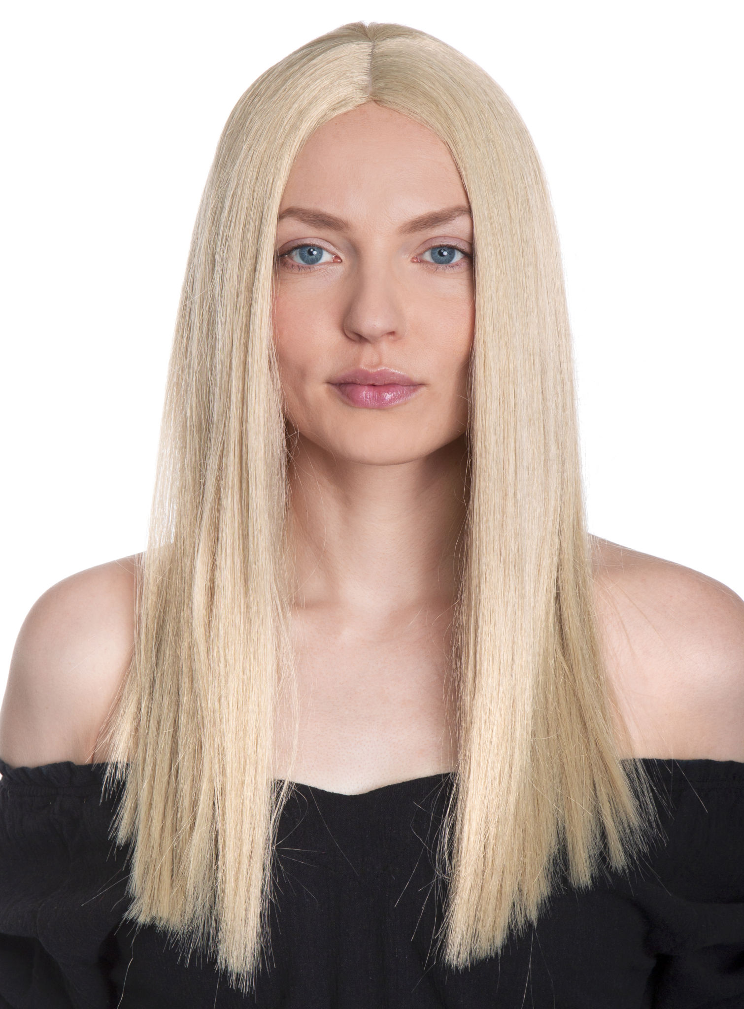 Langhaarperücke hellblond mit Mittelscheitel
