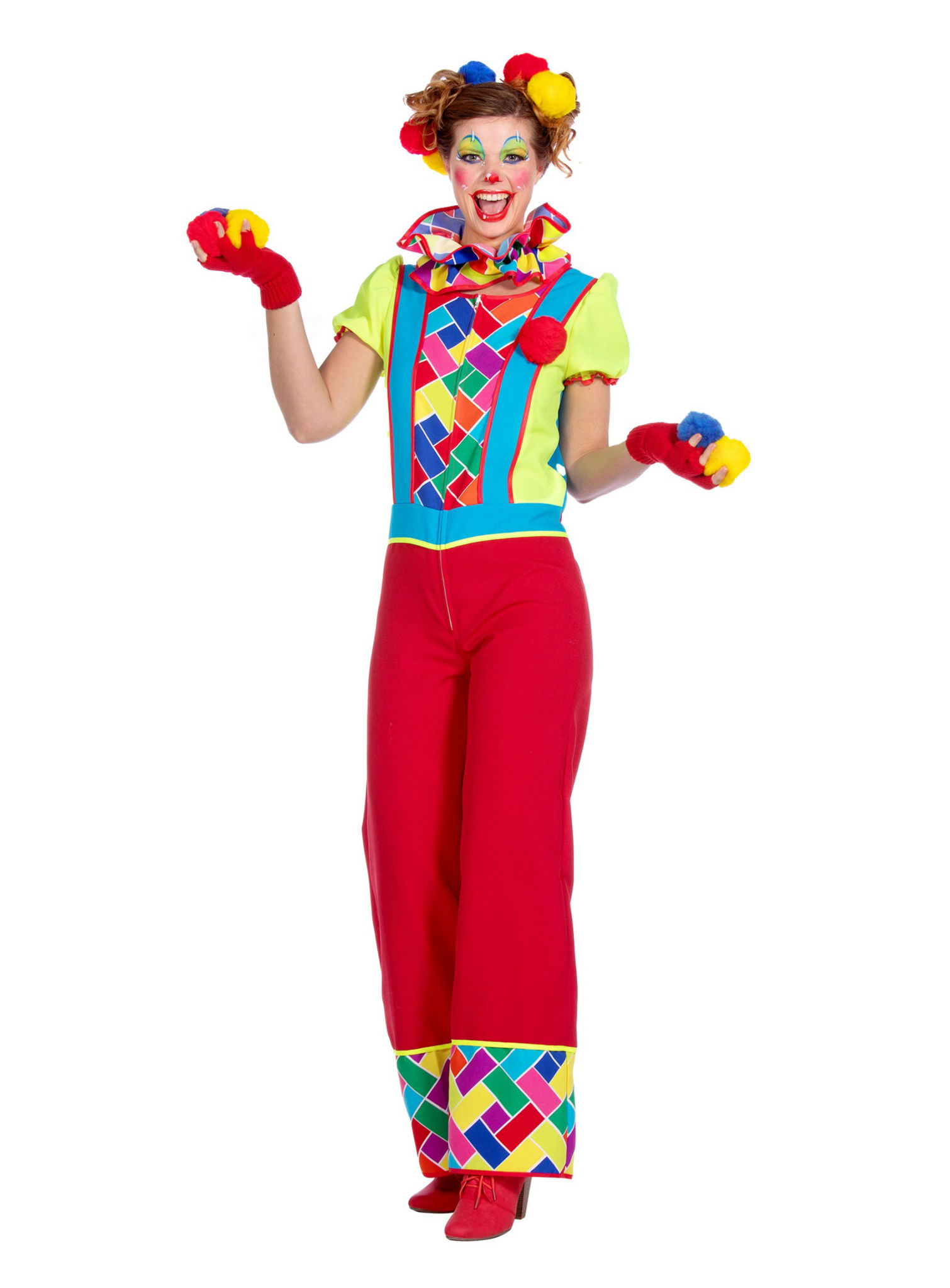 Knalkleurig clown kostuum voor dames