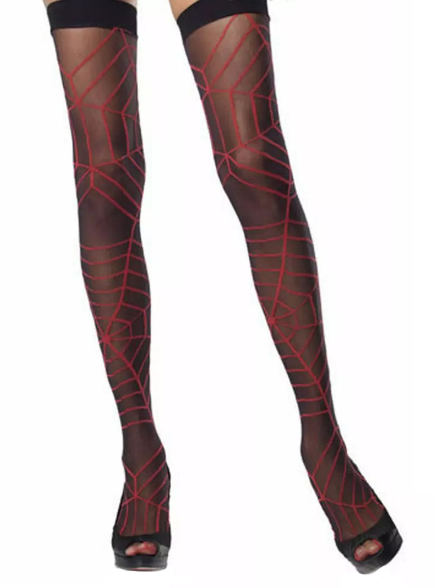 Schwarze Overknees mit roten Spinnweben