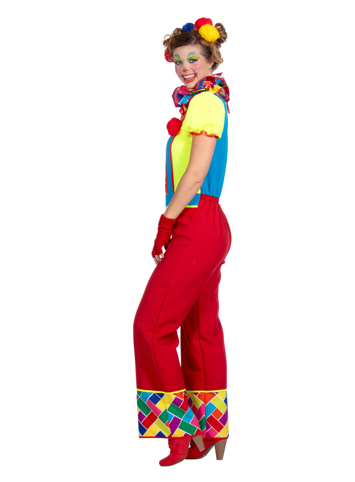 Knalkleurig clown kostuum voor dames