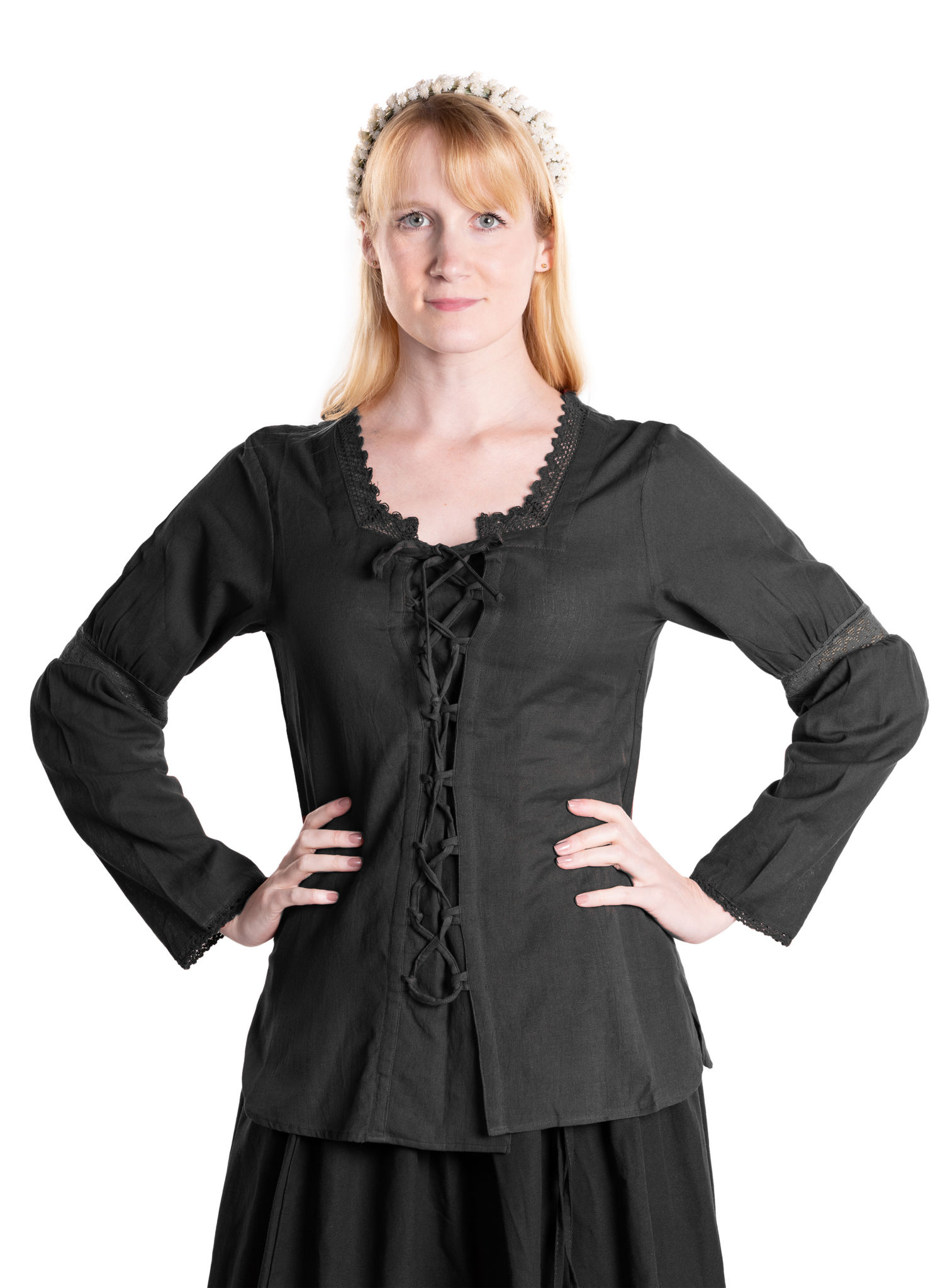 Mittelalter Schnürbluse mit Spitzenborte schwarz