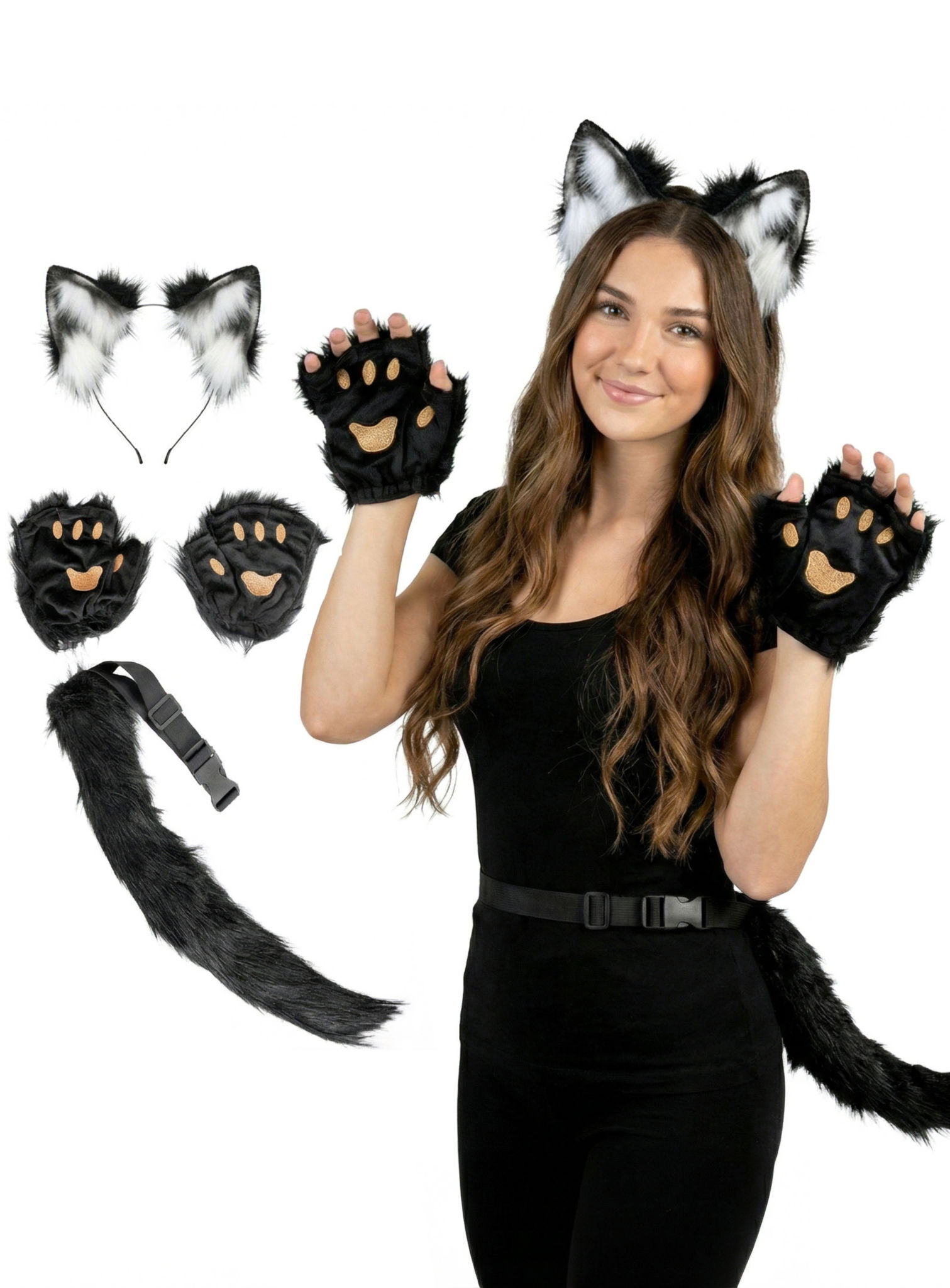 Katzenohren Haarreif mit Tatzen und Katzenschwanz