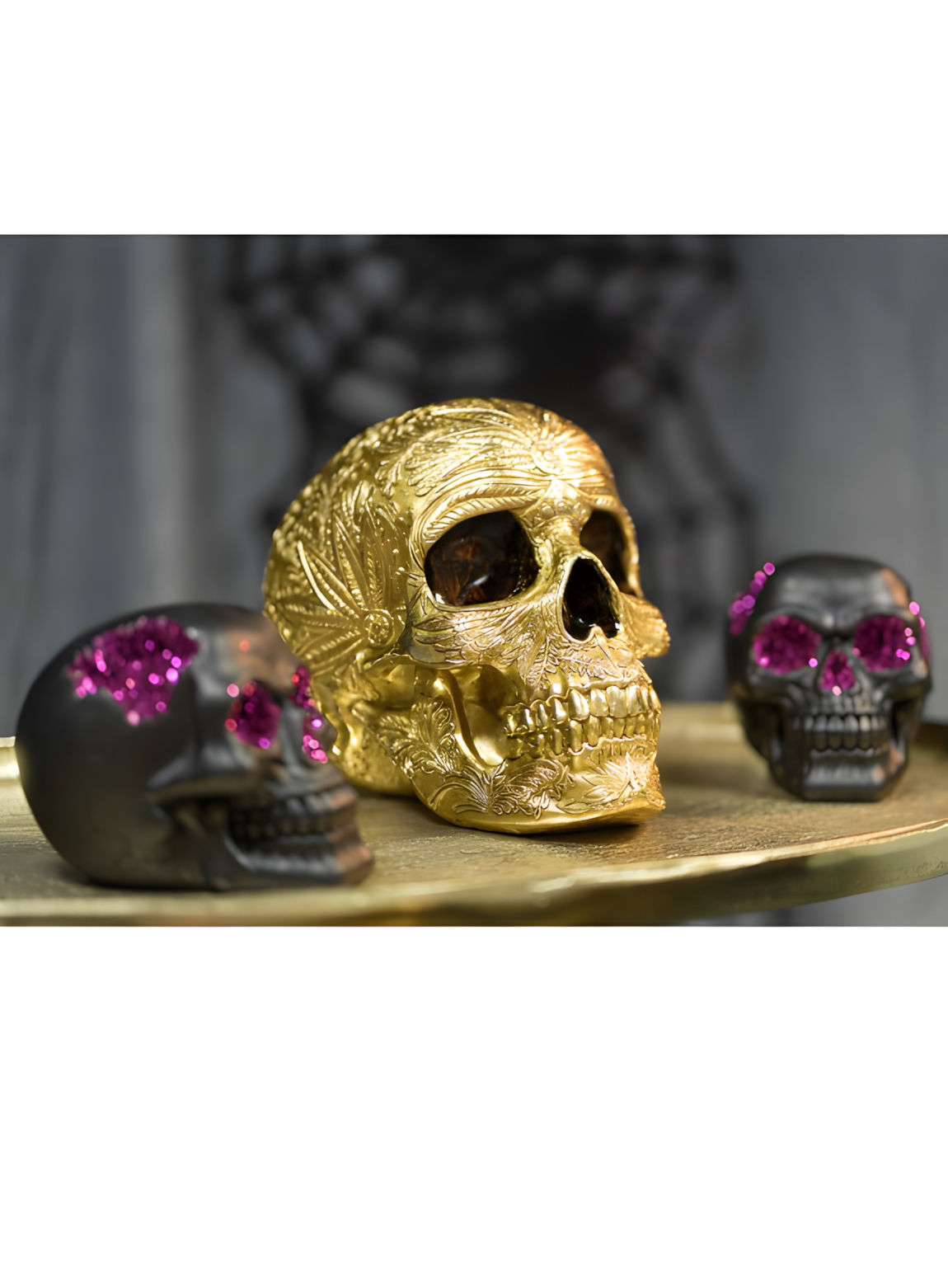 Schedel van barokhars, goudkleurig – Halloween-decoratie 25 cm