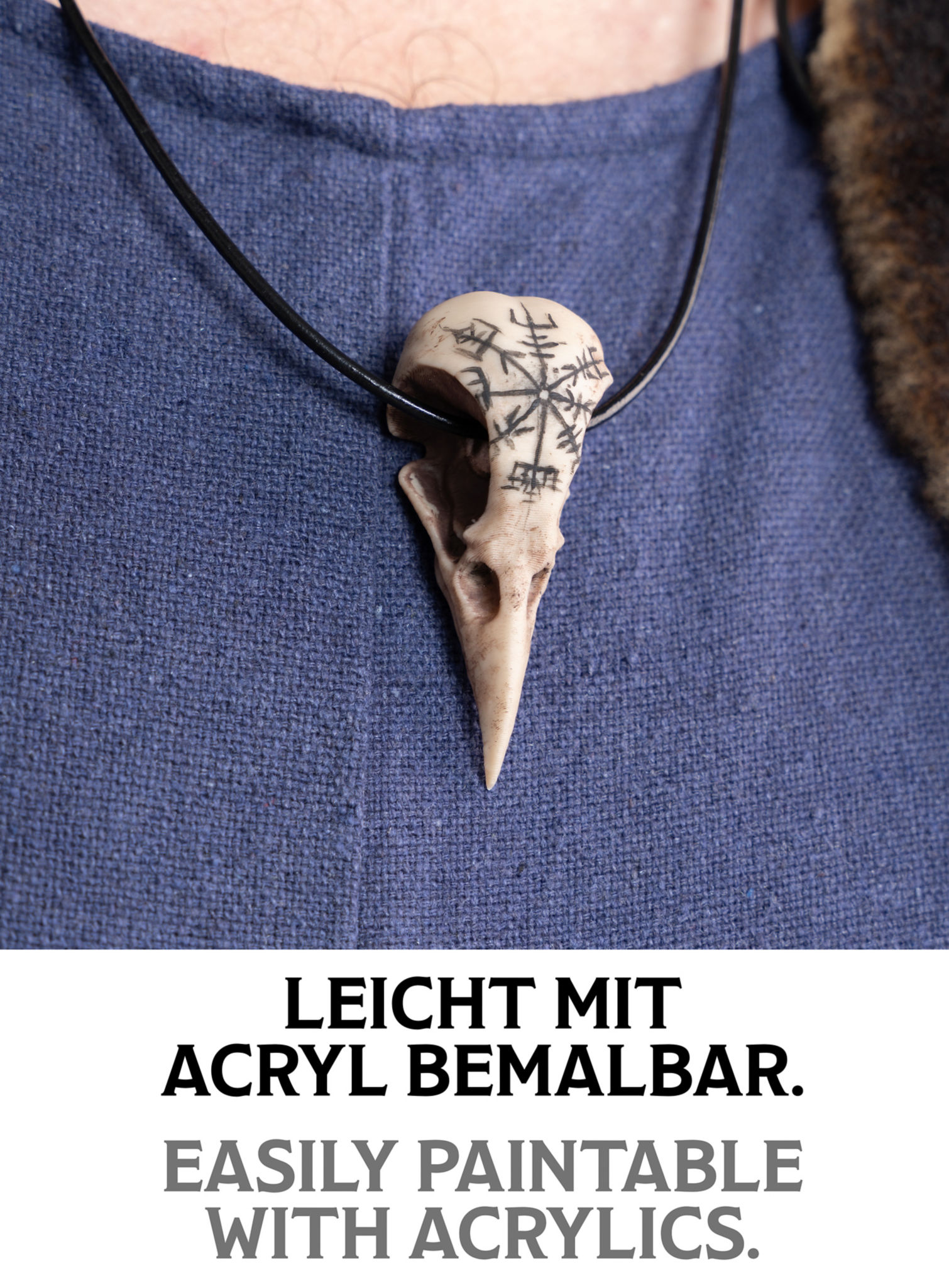 3D-Druck Krähenschädel Anhänger mit Lederband