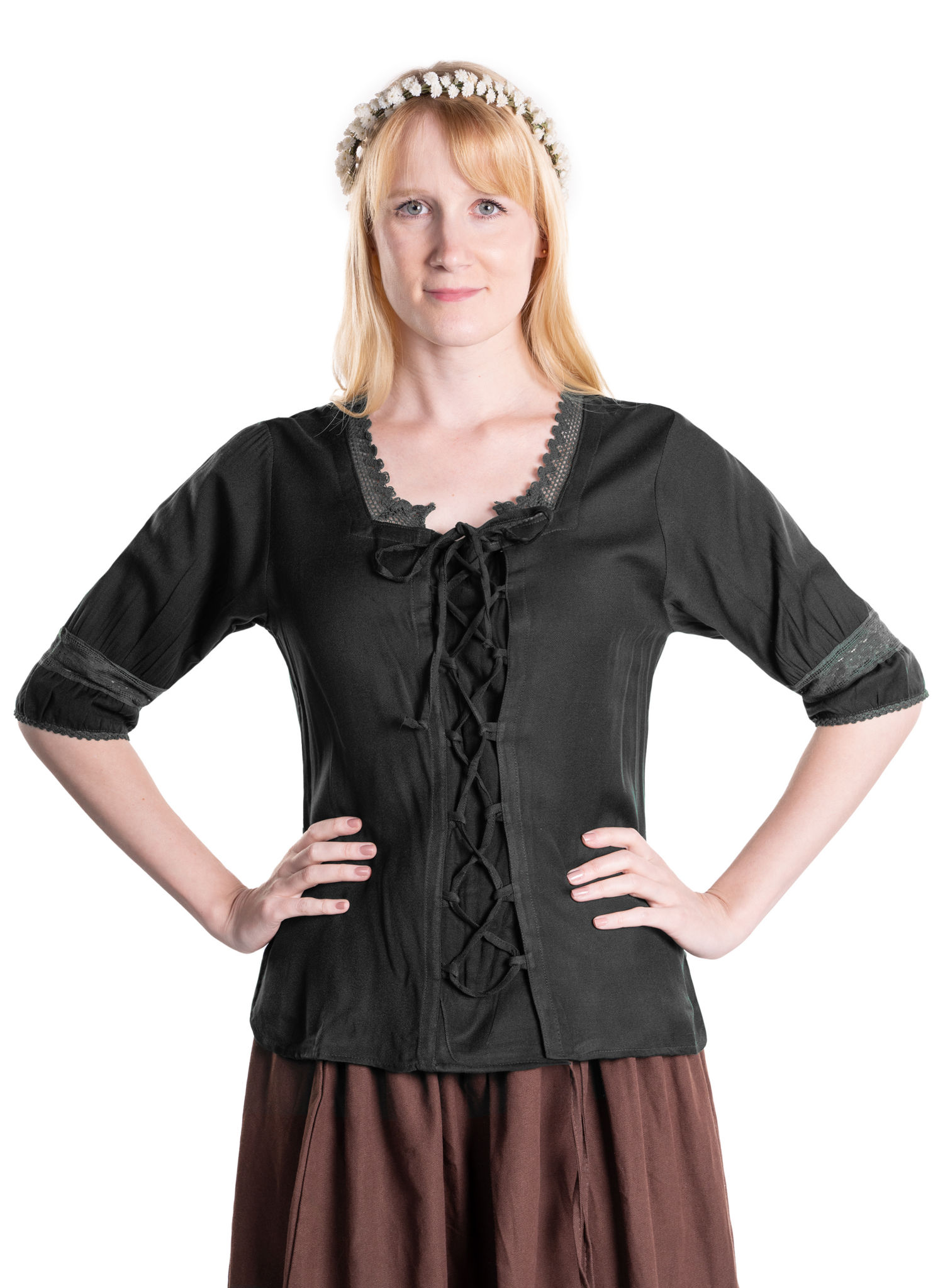 Mittelalter Kurzarmbluse mit Spitze schwarz