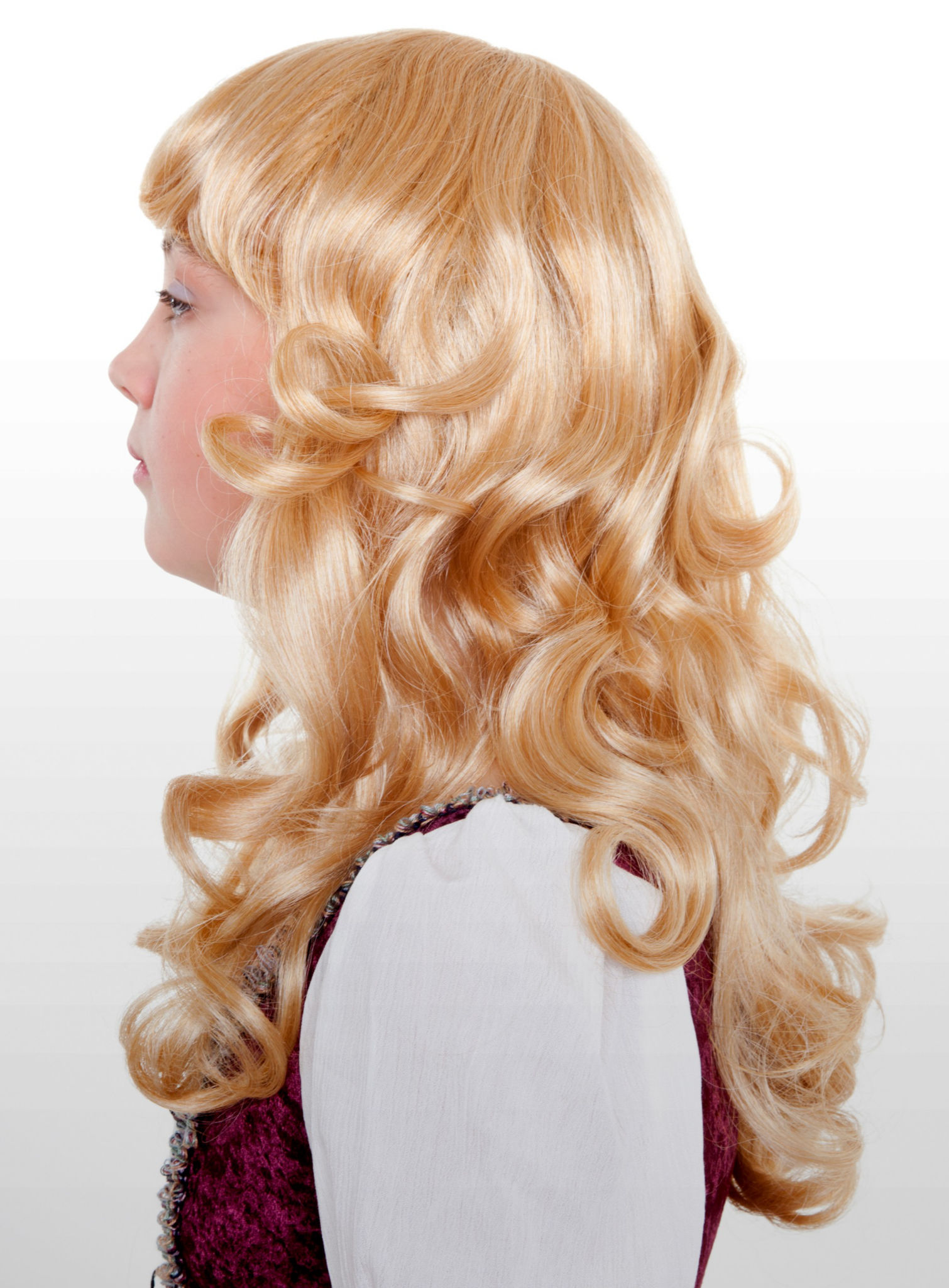 Langhaar Kinderperücke goldblond gelockt mit Pony