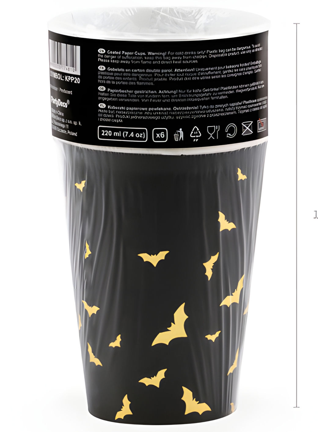 Halloween Pappbecher schwarz-gold mit Fledermäusen, 6er-Set, 220 ml