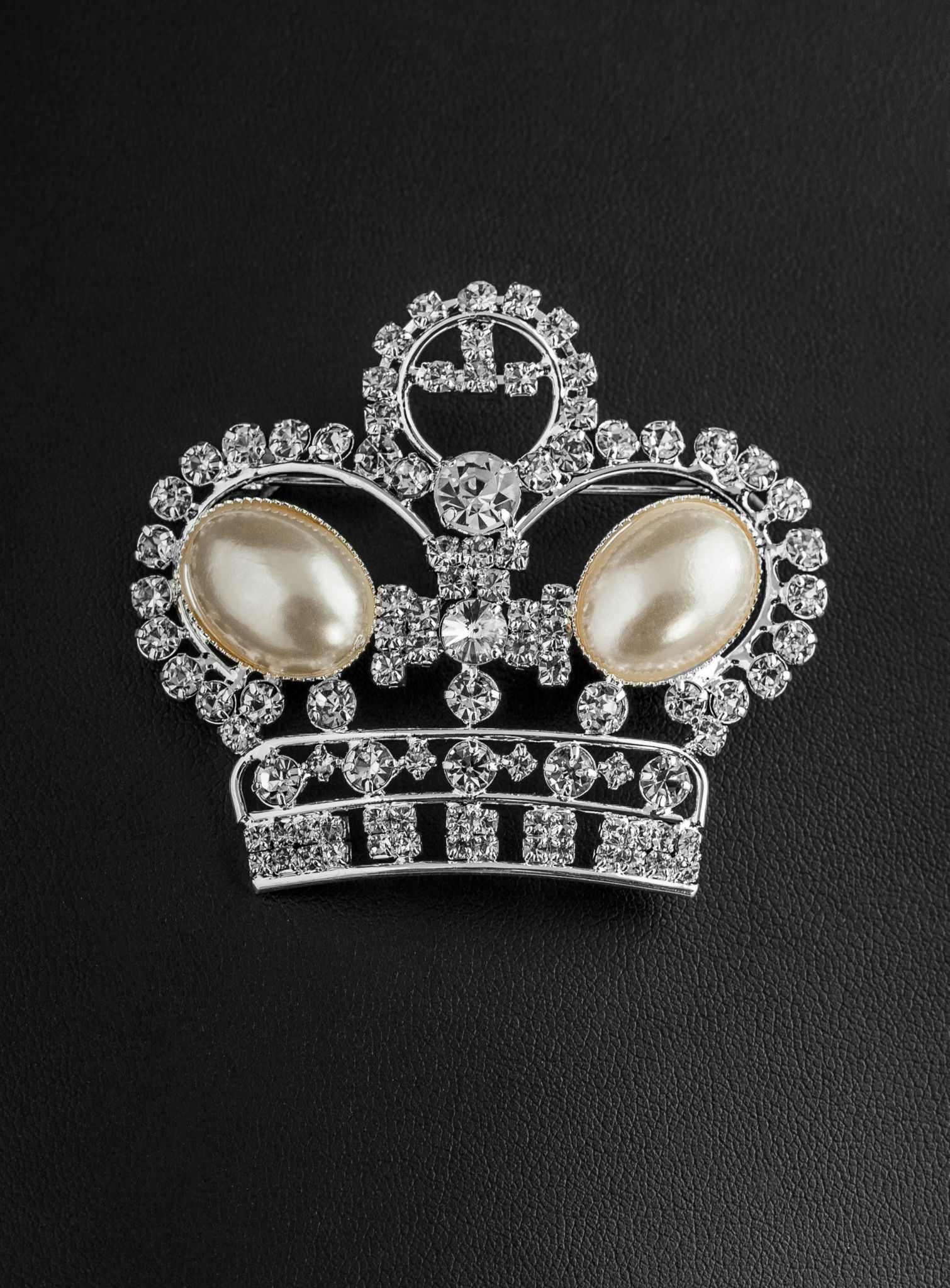 Strasskrone mit Perlen Brosche silber