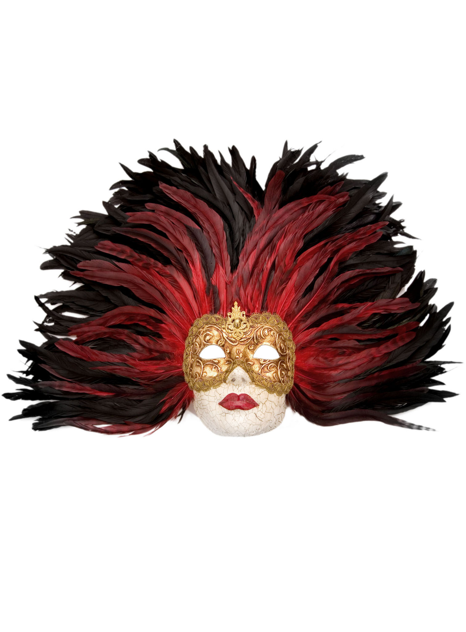 Piuma rossa Grande Volto stucco oro Venezianische Maske