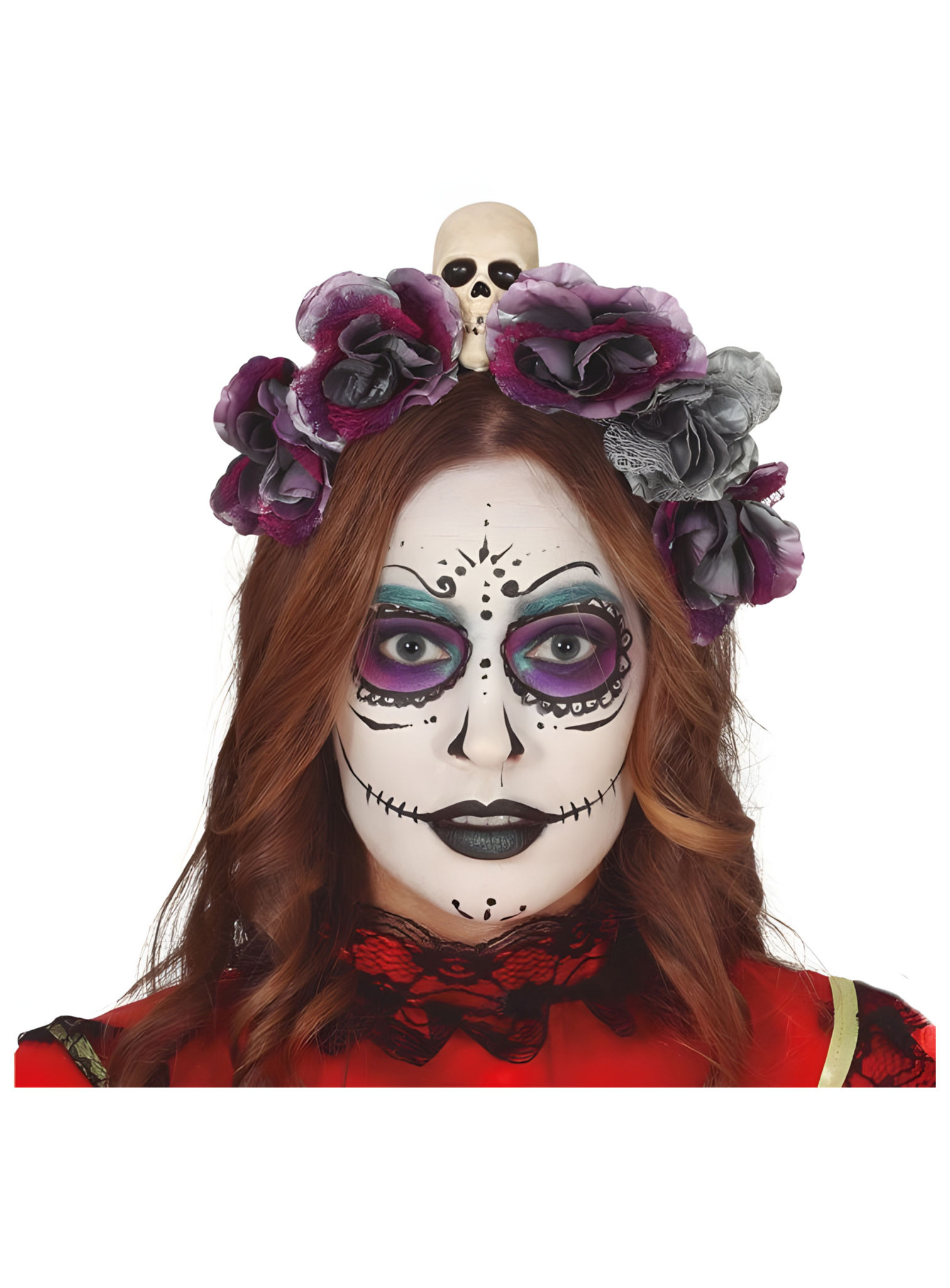 Tag der Toten Haarreif mit Blumen und Totenkopf