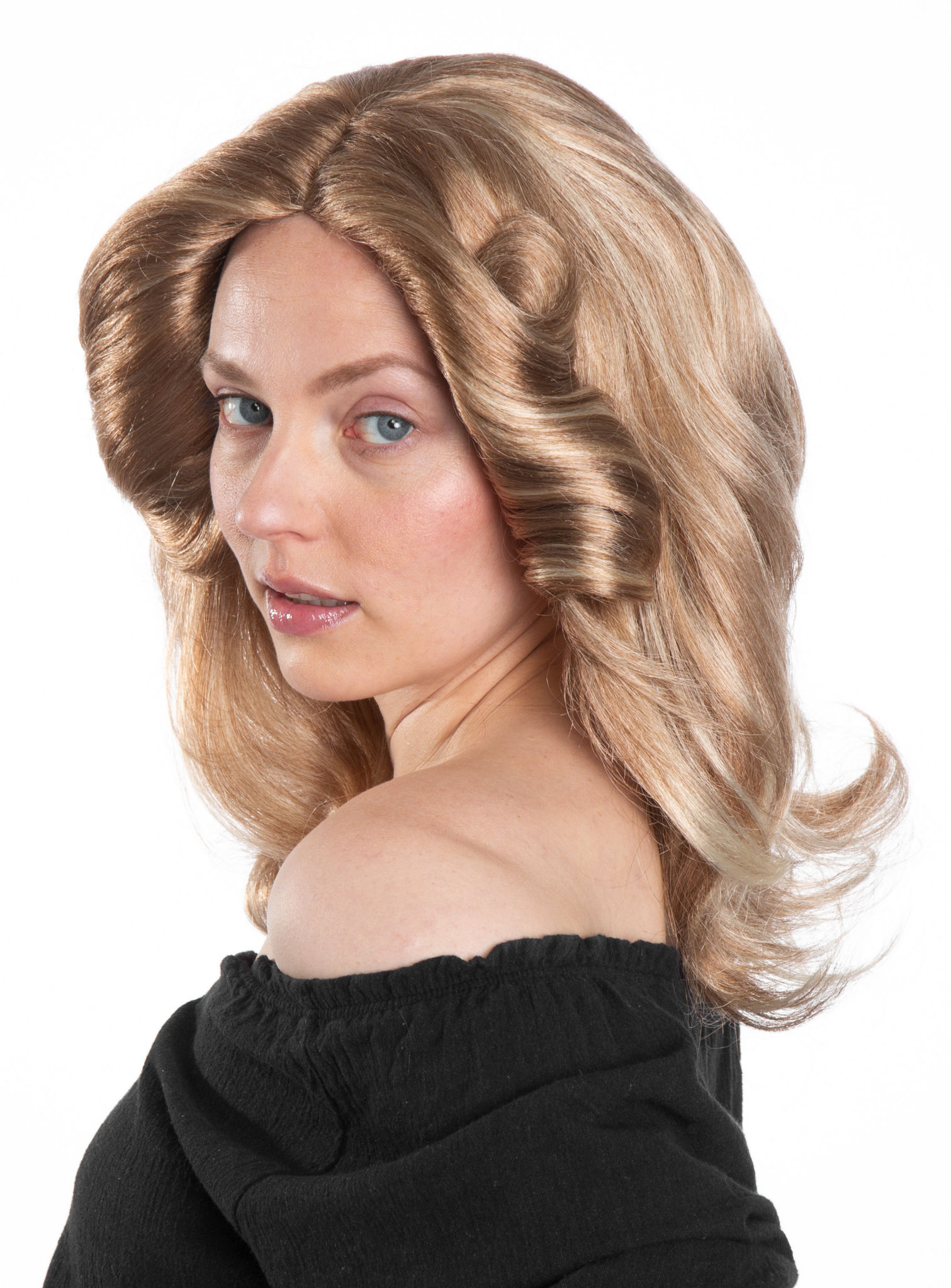Blonde Perücke mit seitlichen Föhnwellen