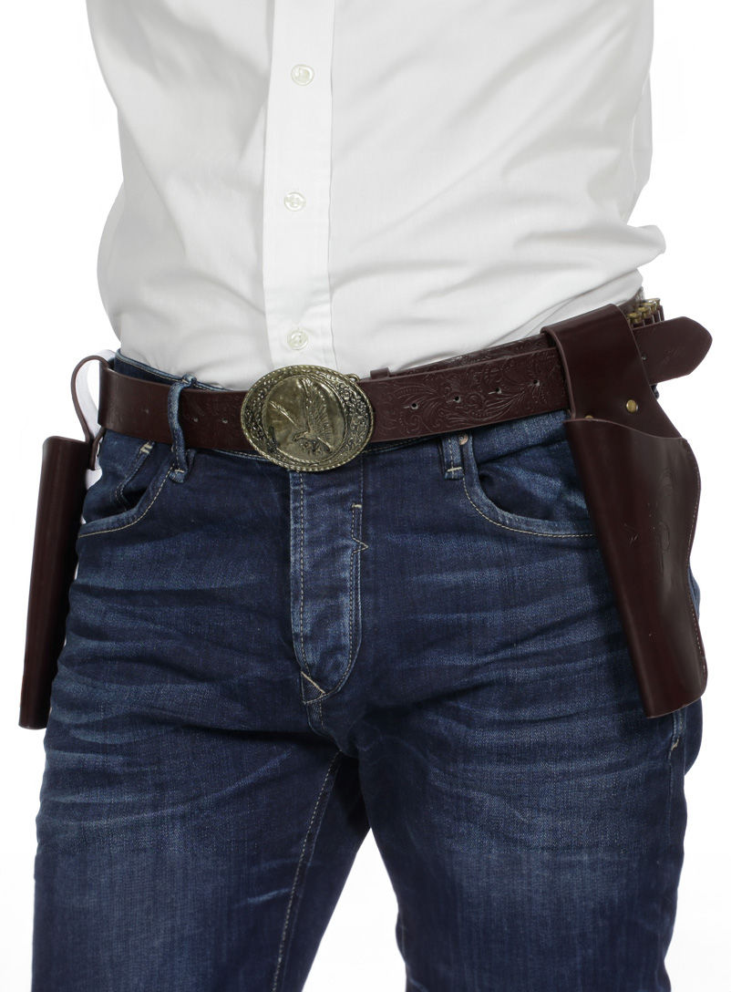 Dubbele pistoolholster met riem bruin