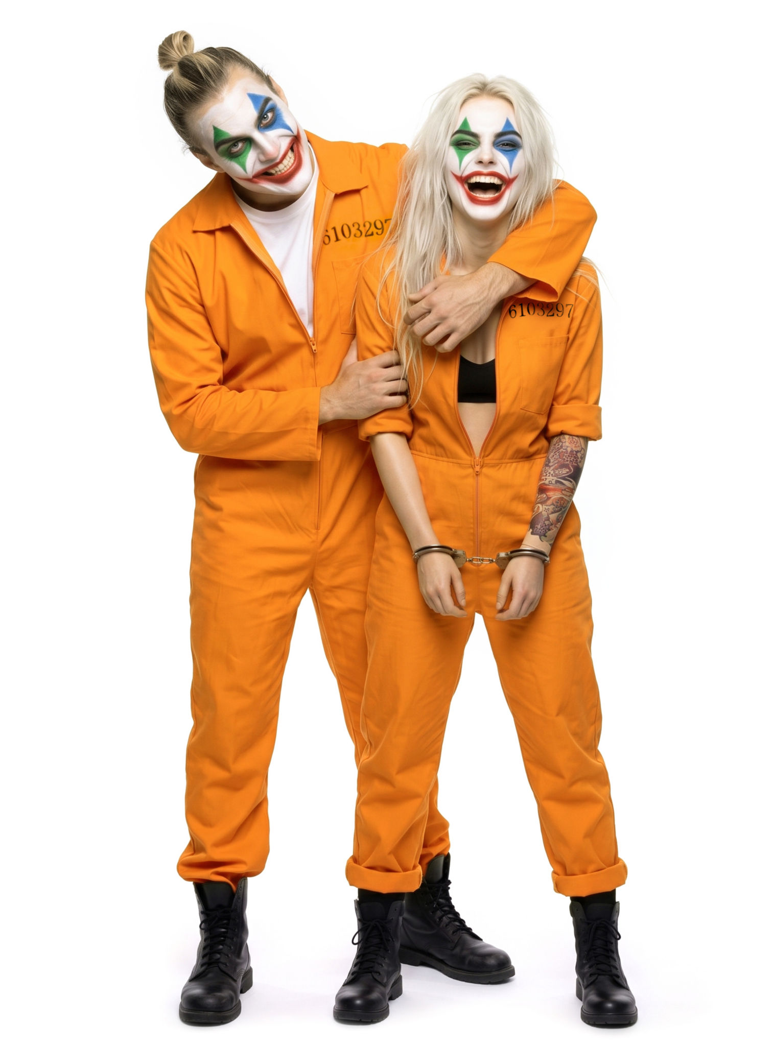 Irrer Halloween Clown Häftling Kostüm mit Make-up