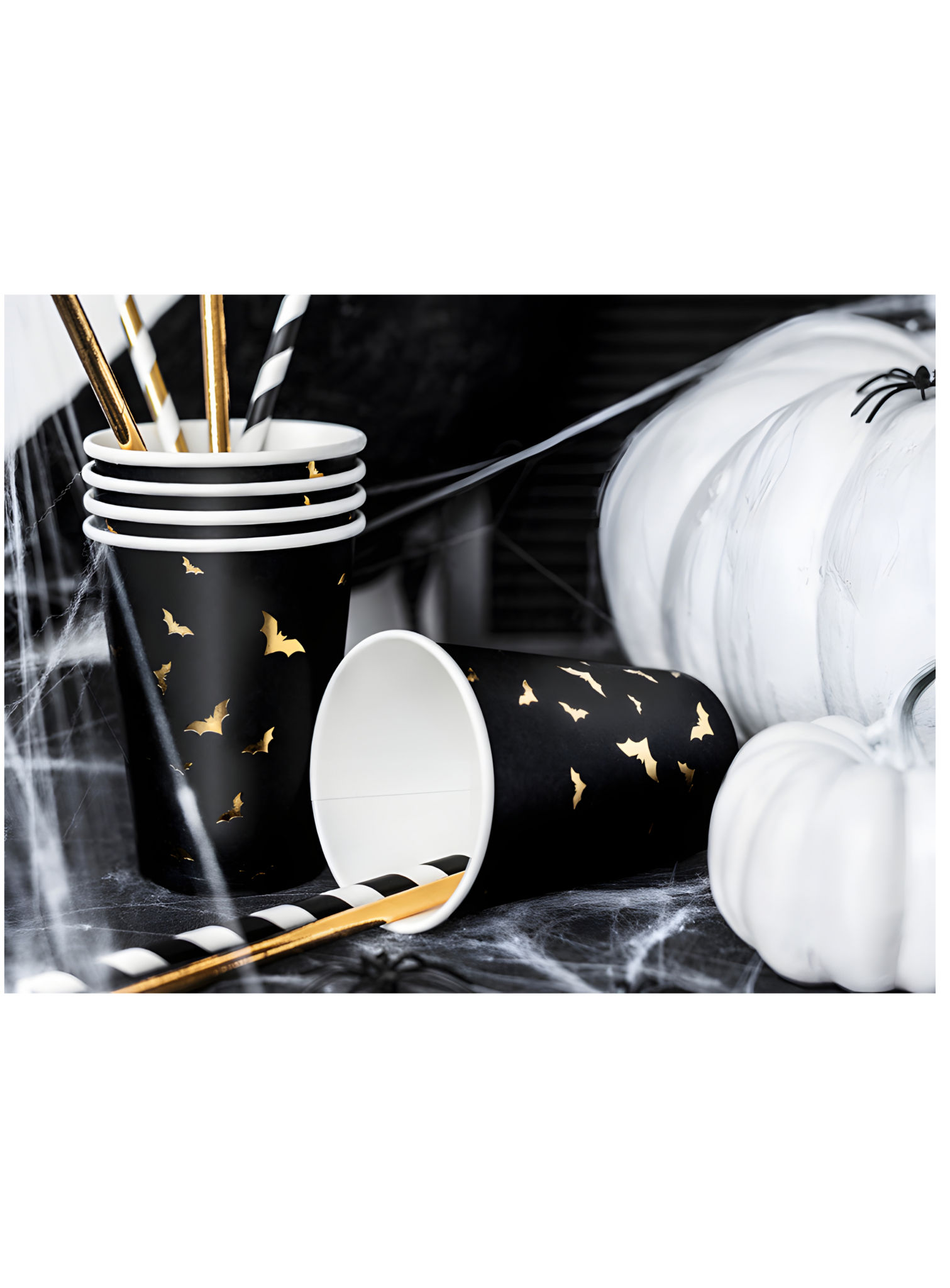 Halloween Pappbecher schwarz-gold mit Fledermäusen, 6er-Set, 220 ml