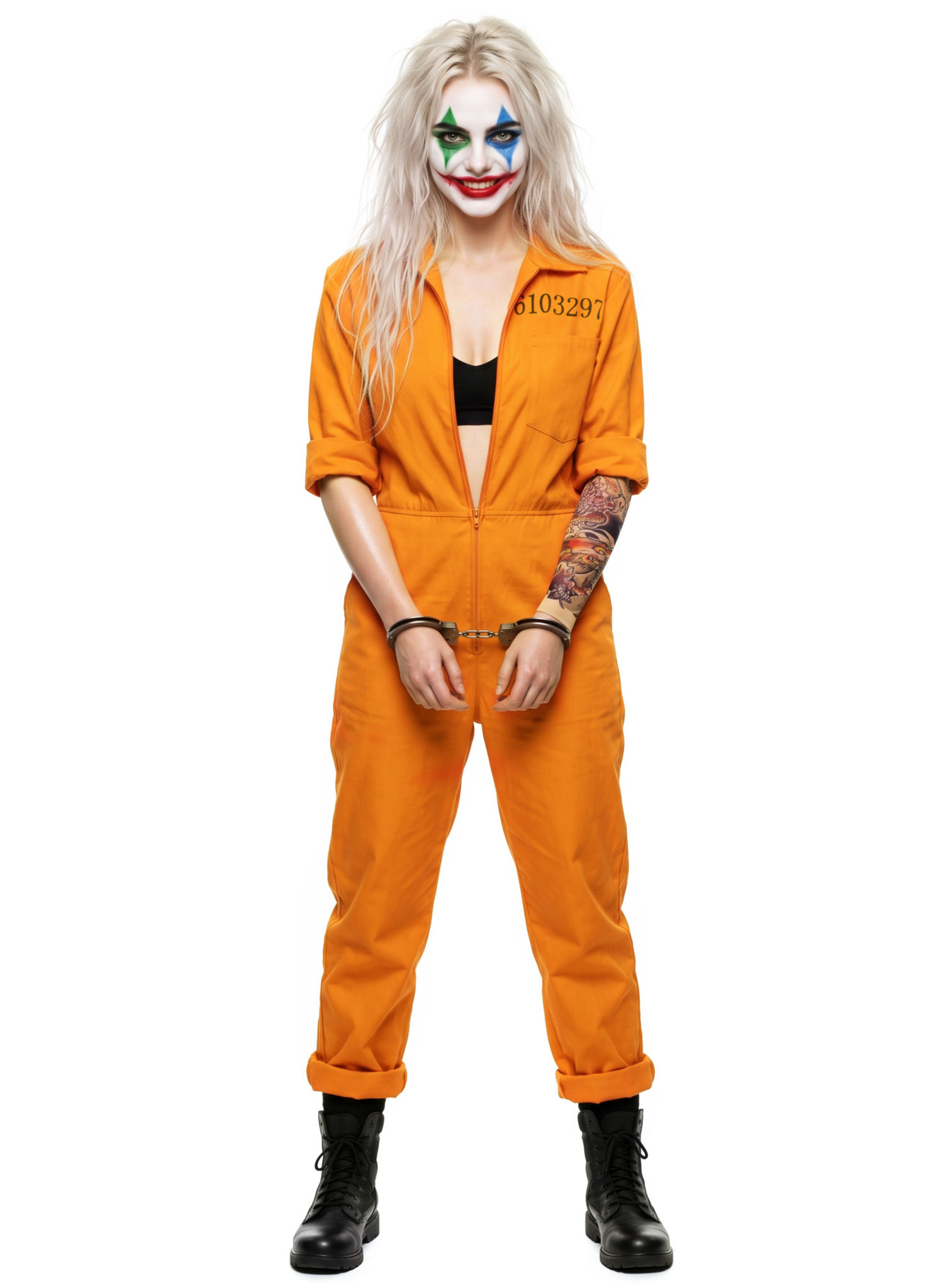 Irrer Halloween Clown Häftling Kostüm mit Make-up